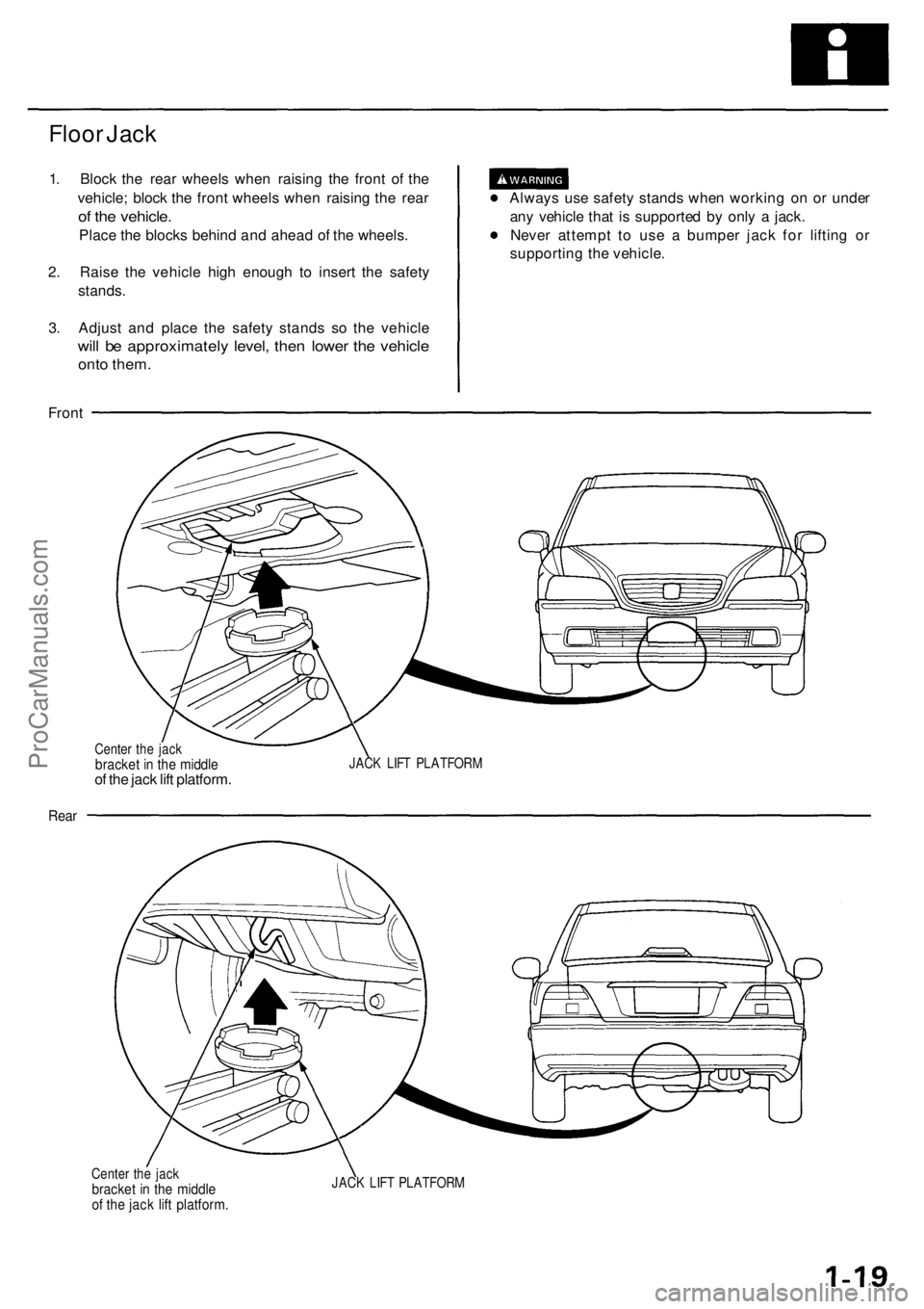 ACURA RL KA9 1996  Service Repair Manual 
Floor Jack

1. Block the rear wheels when raising the front of the

vehicle; block the front wheels when raising the rear

of the vehicle.

Place the blocks behind and ahead of the wheels.

2. Raise 