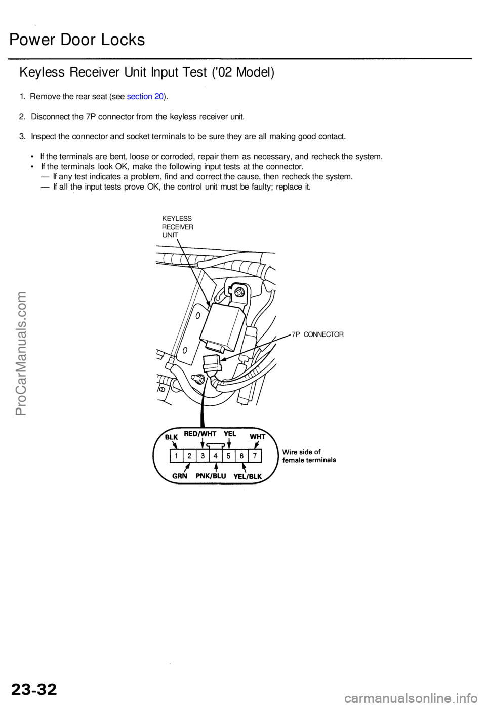 ACURA RL KA9 1996 Service Repair Manual Power Doo r Lock s
Keyles s Receive r Uni t Inpu t Tes t ('0 2 Model )
1. Remov e th e rea r sea t (se e sectio n 20 ).
2 . Disconnec t th e 7 P connecto r fro m th e keyles s receive r unit .
3 . ACURA RL KA9 1996 Service Repair Manual Power Doo r Lock s
Keyles s Receive r Uni t Inpu t Tes t ('0 2 Model )
1. Remov e th e rea r sea t (se e sectio n 20 ).
2 . Disconnec t th e 7 P connecto r fro m th e keyles s receive r unit .
3 .