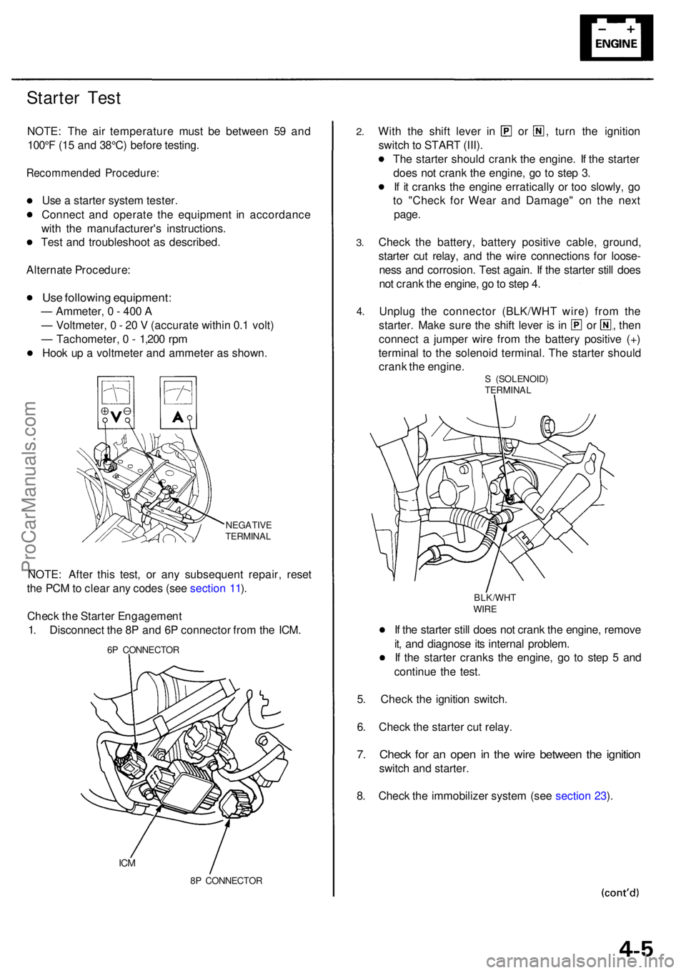 ACURA RL KA9 1996  Service Repair Manual Starter Tes t
NOTE : Th e ai r temperatur e mus t b e betwee n 5 9 an d
100° F (1 5 an d 38°C ) befor e testing .
Recommende d Procedure :
Use a  starte r syste m tester .
Connec t an d operat e th 