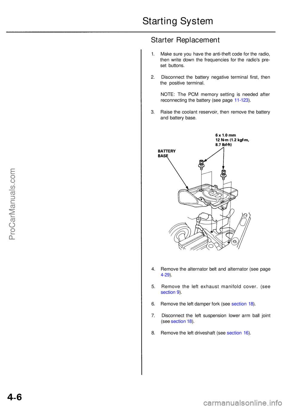 ACURA RL KA9 1996 Service Repair Manual 4. Remov e th e alternato r bel t an d alternato r (se e pag e
4-29).
5 . Remov e th e lef t exhaus t manifol d cover . (se e
sectio n 9 ).
6 . Remov e th e lef t dampe r for k (se e sectio n 18 ).
7 ACURA RL KA9 1996 Service Repair Manual 4. Remov e th e alternato r bel t an d alternato r (se e pag e
4-29).
5 . Remov e th e lef t exhaus t manifol d cover . (se e
sectio n 9 ).
6 . Remov e th e lef t dampe r for k (se e sectio n 18 ).
7