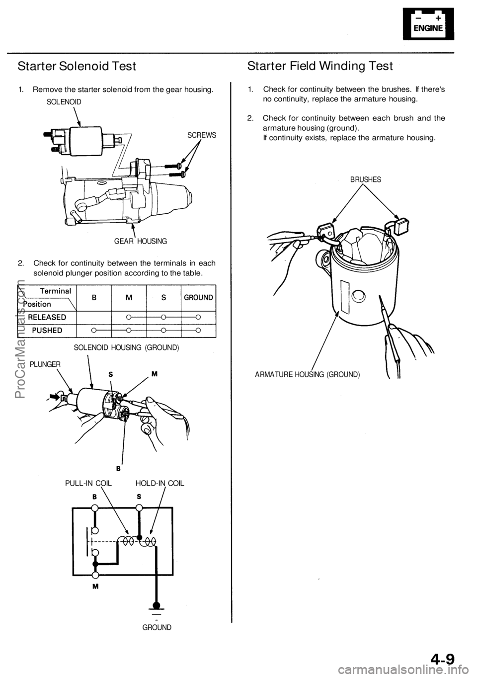 ACURA RL KA9 1996 Service Repair Manual
Starter Solenoid Test
1. Remove the starter solenoid from the gear housing.
SOLENOID
SCREWS
GEAR HOUSING
2. Check for continuity between the terminals in each
solenoid plunger position accordin ACURA RL KA9 1996 Service Repair Manual
Starter Solenoid Test
1. Remove the starter solenoid from the gear housing.
SOLENOID
SCREWS
GEAR HOUSING
2. Check for continuity between the terminals in each
solenoid plunger position accordin
