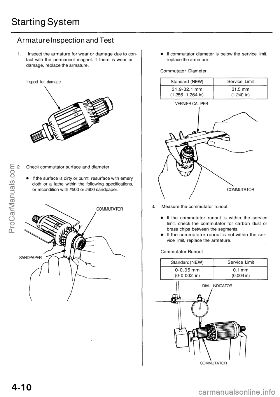 ACURA RL KA9 1996 Service Repair Manual Starting Syste m
Armatur e Inspectio n an d Tes t
1. Inspec t th e armatur e fo r wea r o r damag e du e to con -
tact wit h th e permanen t magnet . I f ther e i s wea r o r
damage , replac e th e ACURA RL KA9 1996 Service Repair Manual Starting Syste m
Armatur e Inspectio n an d Tes t
1. Inspec t th e armatur e fo r wea r o r damag e du e to con -
tact wit h th e permanen t magnet . I f ther e i s wea r o r
damage , replac e th e