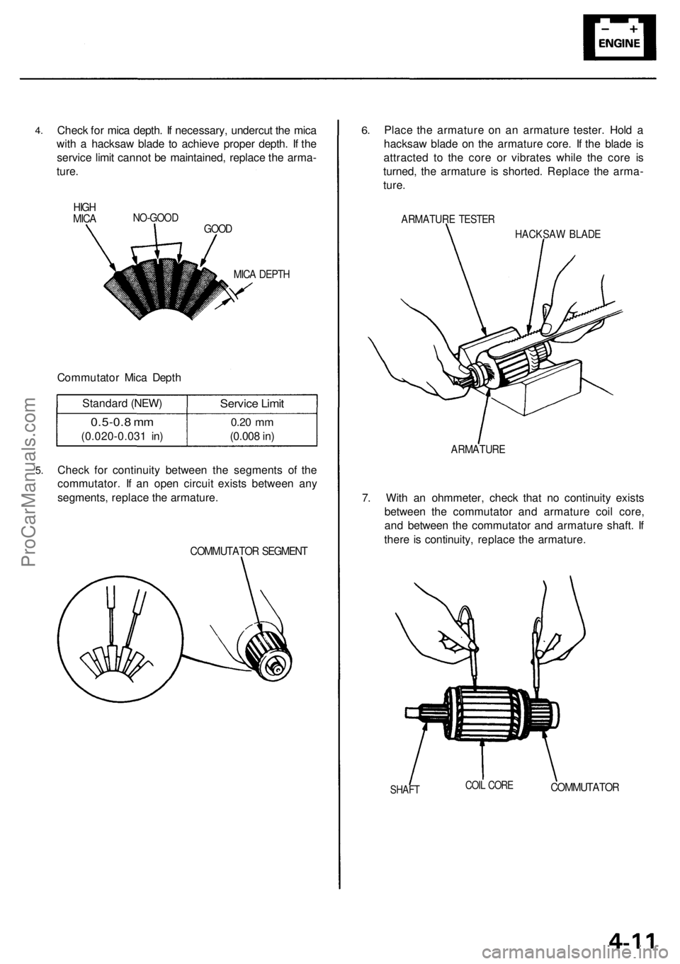 ACURA RL KA9 1996 Service Repair Manual
4.
Check for mica depth. If necessary, undercut the mica
with a hacksaw blade to achieve proper depth. If the
service limit cannot be maintained, replace the arma-
ture.
NO-GOOD
GOOD
MICA DEPT ACURA RL KA9 1996 Service Repair Manual
4.
Check for mica depth. If necessary, undercut the mica
with a hacksaw blade to achieve proper depth. If the
service limit cannot be maintained, replace the arma-
ture.
NO-GOOD
GOOD
MICA DEPT