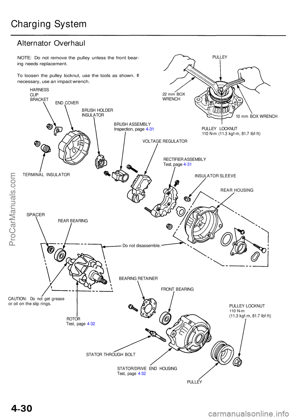 ACURA RL KA9 1996 Service Repair Manual Charging Syste m
Alternato r Overhau l
NOTE: D o no t remov e th e pulle y unles s th e fron t bear -
in g need s replacement .
T o loose n th e pulle y locknut , us e th e tool s a s shown . I f
nece ACURA RL KA9 1996 Service Repair Manual Charging Syste m
Alternato r Overhau l
NOTE: D o no t remov e th e pulle y unles s th e fron t bear -
in g need s replacement .
T o loose n th e pulle y locknut , us e th e tool s a s shown . I f
nece