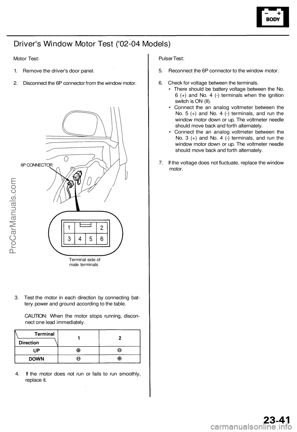 ACURA RL KA9 1996 Service Owners Guide Driver's Windo w Moto r Tes t ('0 2-04 Models )
Motor Test :
1 . Remov e th e driver' s doo r panel .
2 . Disconnec t th e 6 P connecto r fro m th e windo w motor .
6P CONNECTO R
Termina ACURA RL KA9 1996 Service Owners Guide Driver's Windo w Moto r Tes t ('0 2-04 Models )
Motor Test :
1 . Remov e th e driver' s doo r panel .
2 . Disconnec t th e 6 P connecto r fro m th e windo w motor .
6P CONNECTO R
Termina