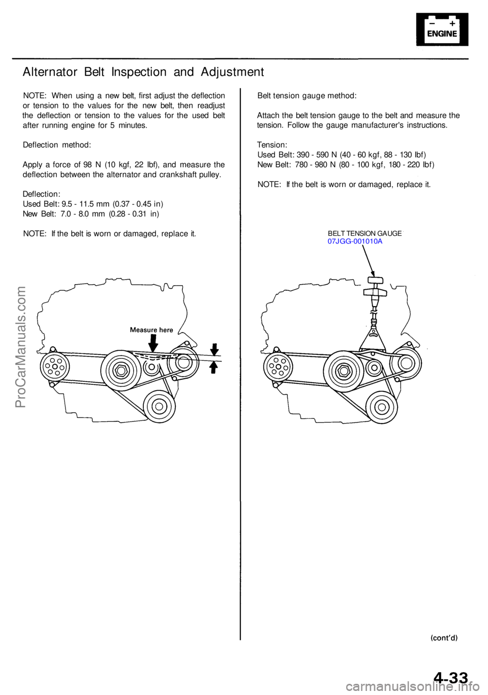 ACURA RL KA9 1996  Service Repair Manual Alternator Bel t Inspectio n an d Adjustmen t
NOTE: Whe n usin g a  ne w belt , firs t adjus t th e deflectio n
o r tensio n t o th e value s fo r th e ne w belt , the n readjus t
th e deflectio n o r