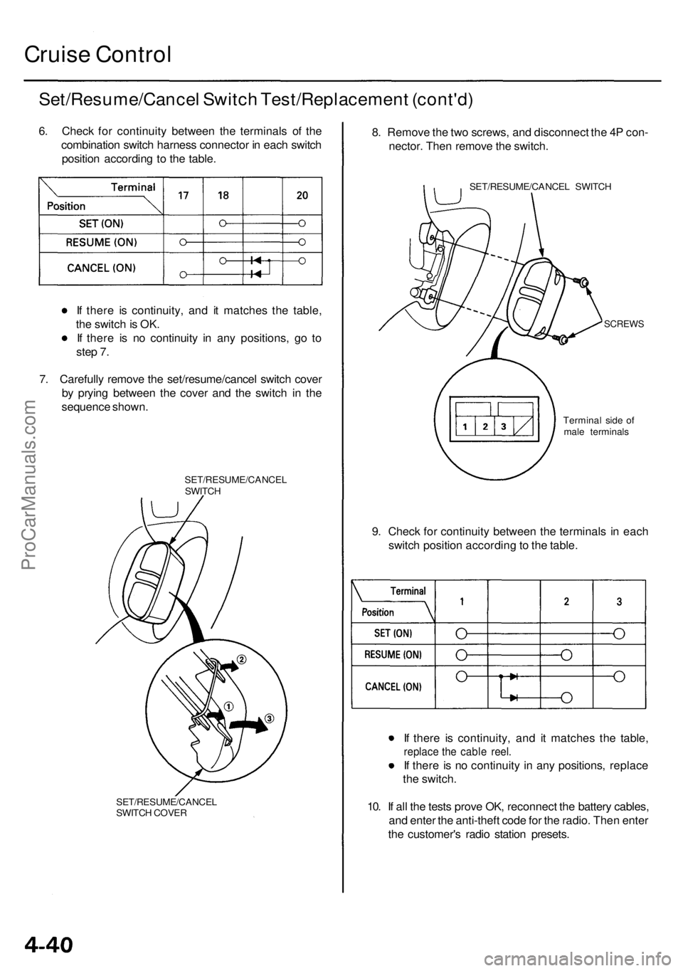 ACURA RL KA9 1996  Service Repair Manual 
Cruise Control

Set/Resume/Cancel Switch Test/Replacement (cont'd)

6. Check for continuity between the terminals of the

combination switch harness connector in each switch

position according t