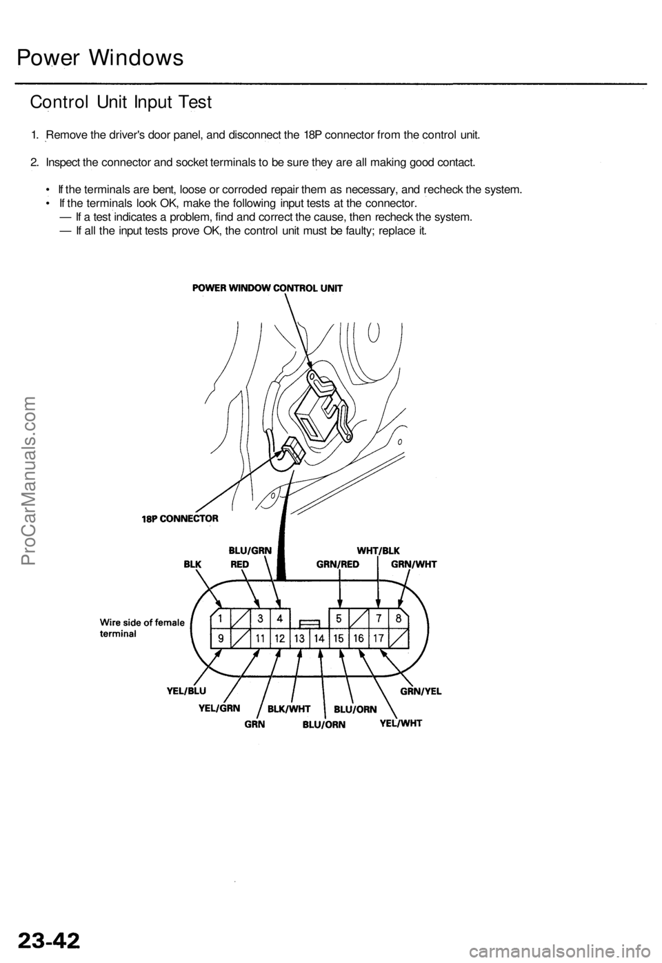 ACURA RL KA9 1996 Service Owners Guide Power Window s
Control Uni t Inpu t Tes t
1. Remov e th e driver' s doo r panel , an d disconnec t th e 18 P connecto r fro m th e contro l unit .
2 . Inspec t th e connecto r an d socke t termina ACURA RL KA9 1996 Service Owners Guide Power Window s
Control Uni t Inpu t Tes t
1. Remov e th e driver' s doo r panel , an d disconnec t th e 18 P connecto r fro m th e contro l unit .
2 . Inspec t th e connecto r an d socke t termina