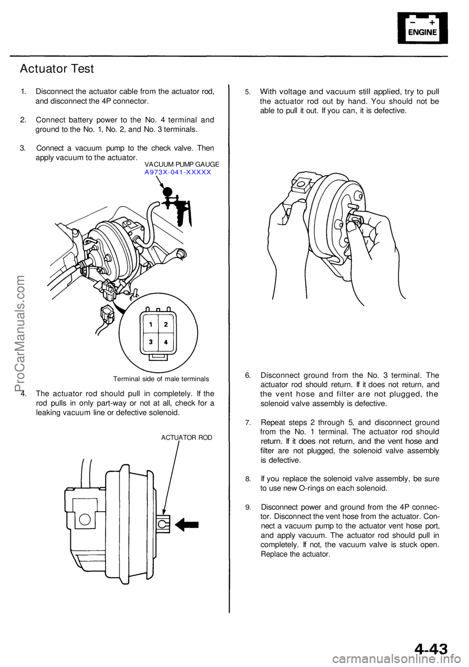 ACURA RL KA9 1996  Service Repair Manual Actuator Tes t
1. Disconnec t th e actuato r cabl e fro m th e actuato r rod ,
an d disconnec t th e 4 P connector .
2 . Connec t batter y powe r t o th e No . 4  termina l an d
groun d to  th e No . 