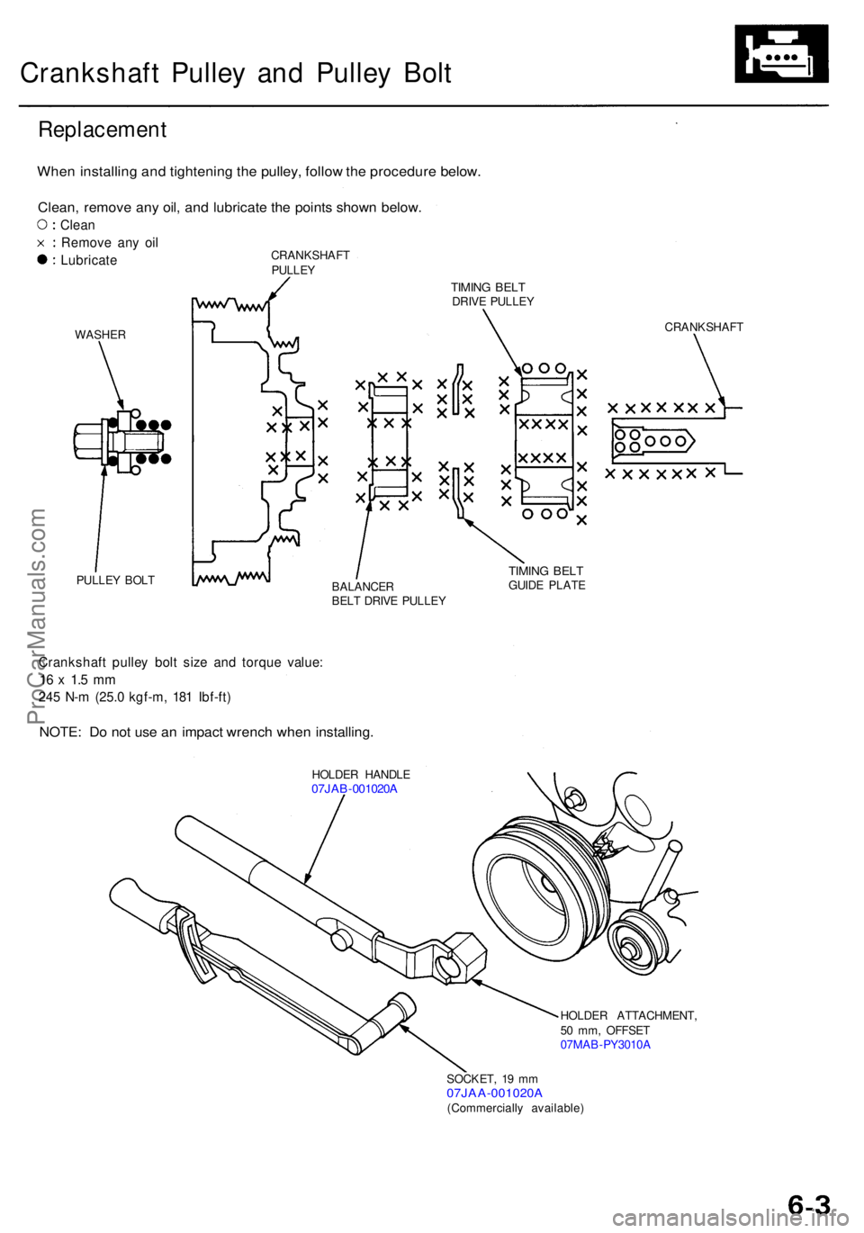 ACURA RL KA9 1996  Service Repair Manual Crankshaft Pulle y an d Pulle y Bol t
Replacemen t
When installin g an d tightenin g th e pulley , follo w th e procedur e below .
Clean, remov e an y oil , an d lubricat e th e point s show n below .