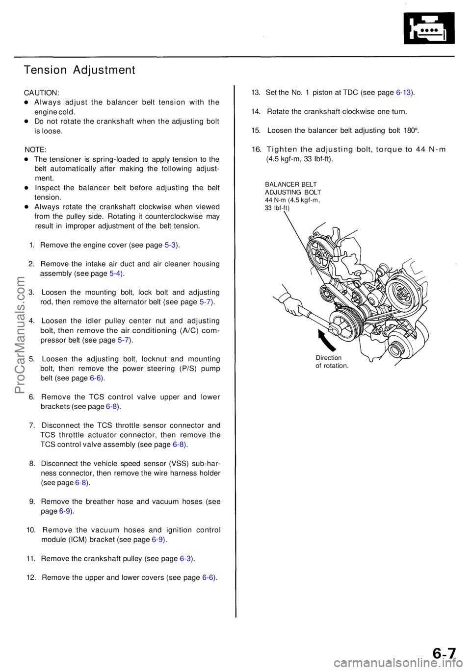 ACURA RL KA9 1996  Service Repair Manual Tension Adjustmen t
CAUTION:
Always adjus t th e balance r bel t tensio n wit h th e
engin e cold .
D o no t rotat e th e crankshaf t whe n th e adjustin g bol t
i s  loose .
NOTE :
The tensione r i s