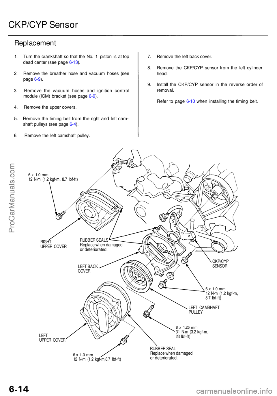 ACURA RL KA9 1996  Service Repair Manual CKP/CYP Senso r
Replacemen t
1. Tur n th e crankshaf t s o tha t th e No . 1  pisto n i s a t to p
dea d cente r (se e pag e 6-13 ).
2 . Remov e th e breathe r hos e an d vacuu m hose s (se e
pag e 6-