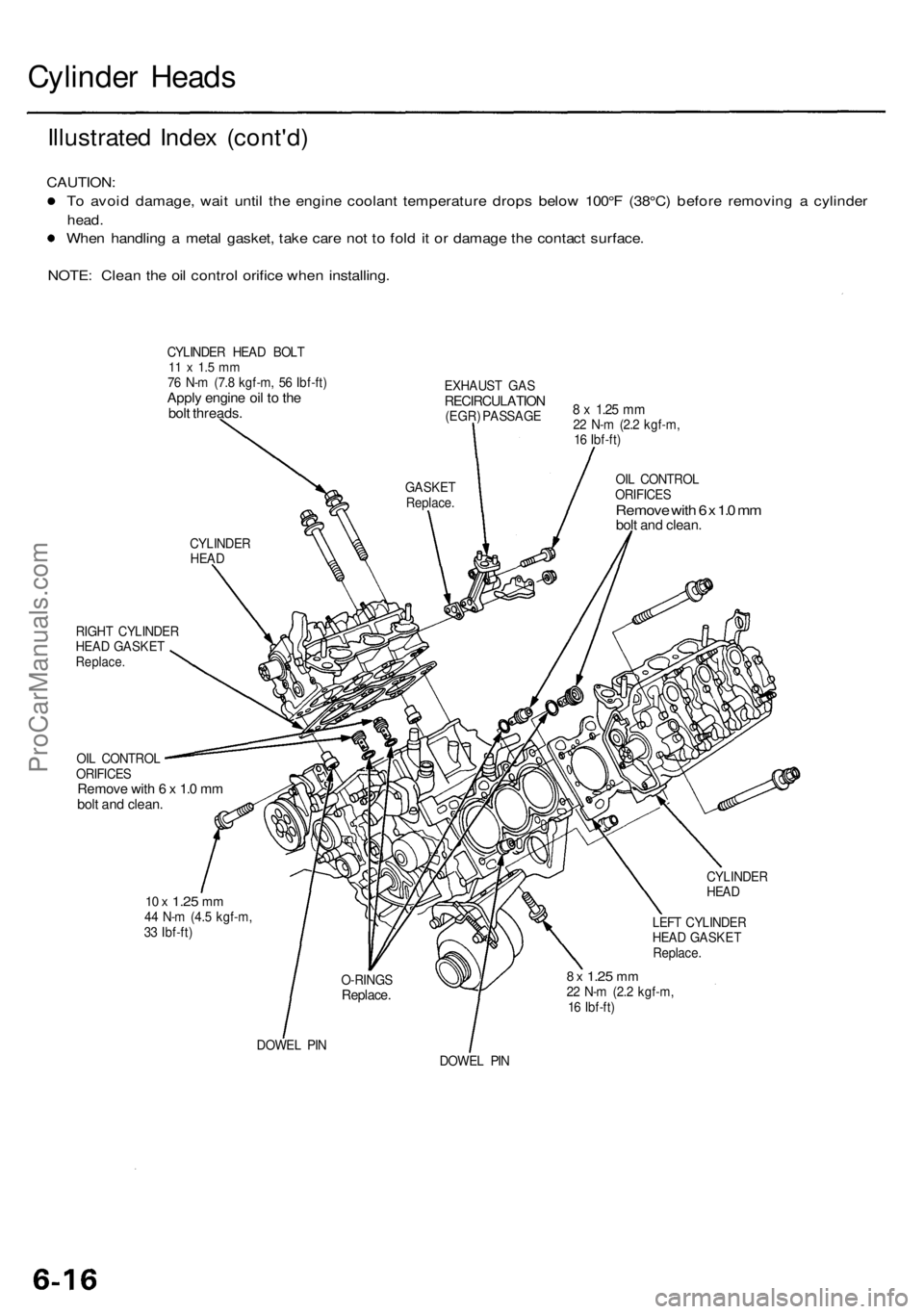 ACURA RL KA9 1996  Service Repair Manual 
Cylinder Heads

Illustrated Index (cont'd)

CAUTION:

To avoid damage, wait until the engine coolant temperature drops below 100°F (38°C) before removing a cylinder

head.

When handling a meta