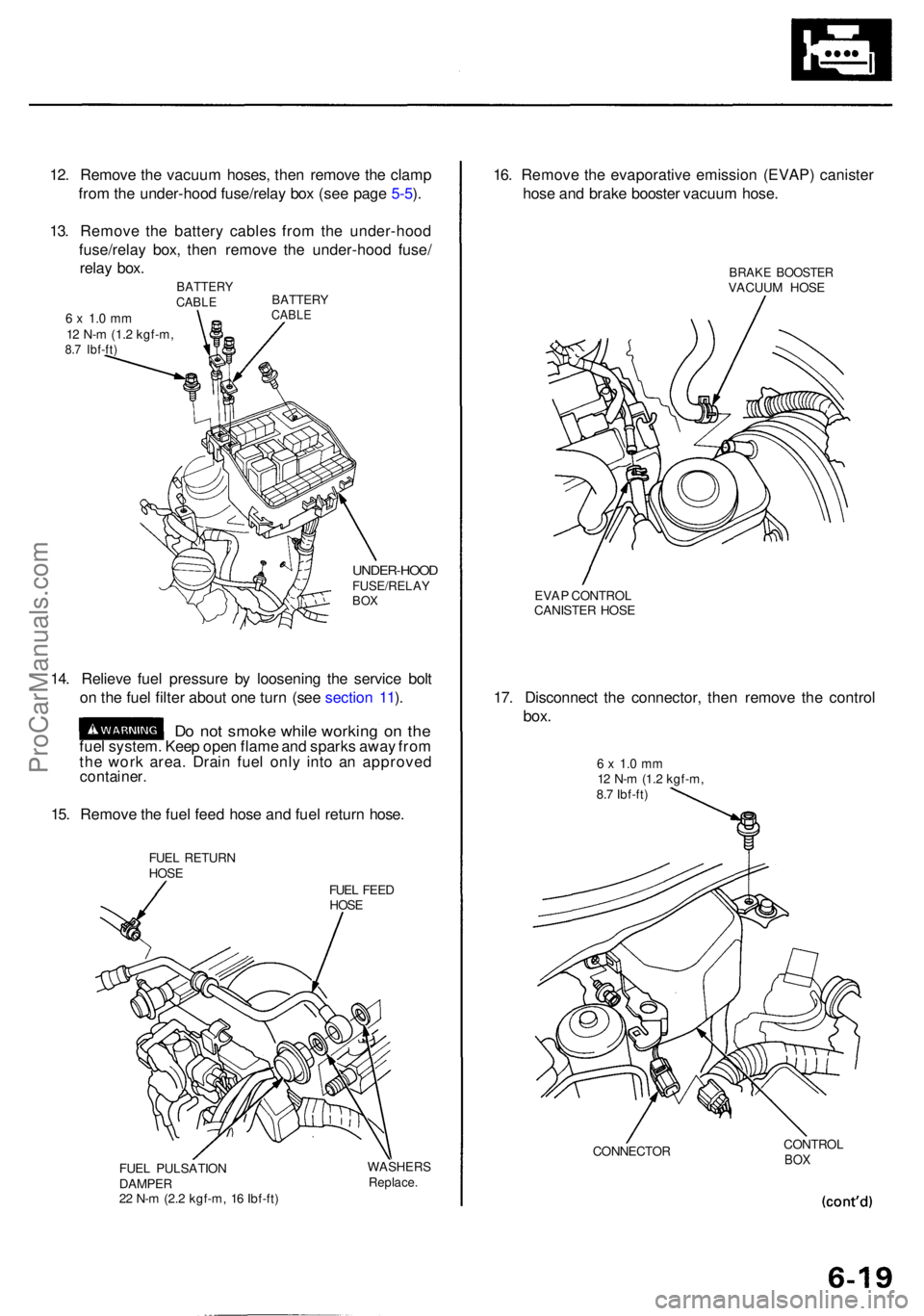 ACURA RL KA9 1996 Service Owners Manual 12. Remov e th e vacuu m hoses , the n remov e th e clam p
fro m th e under-hoo d fuse/rela y bo x (se e pag e 5-5 ).
13 . Remov e th e batter y cable s fro m th e under-hoo d
fuse/rela y box , the n ACURA RL KA9 1996 Service Owners Manual 12. Remov e th e vacuu m hoses , the n remov e th e clam p
fro m th e under-hoo d fuse/rela y bo x (se e pag e 5-5 ).
13 . Remov e th e batter y cable s fro m th e under-hoo d
fuse/rela y box , the n