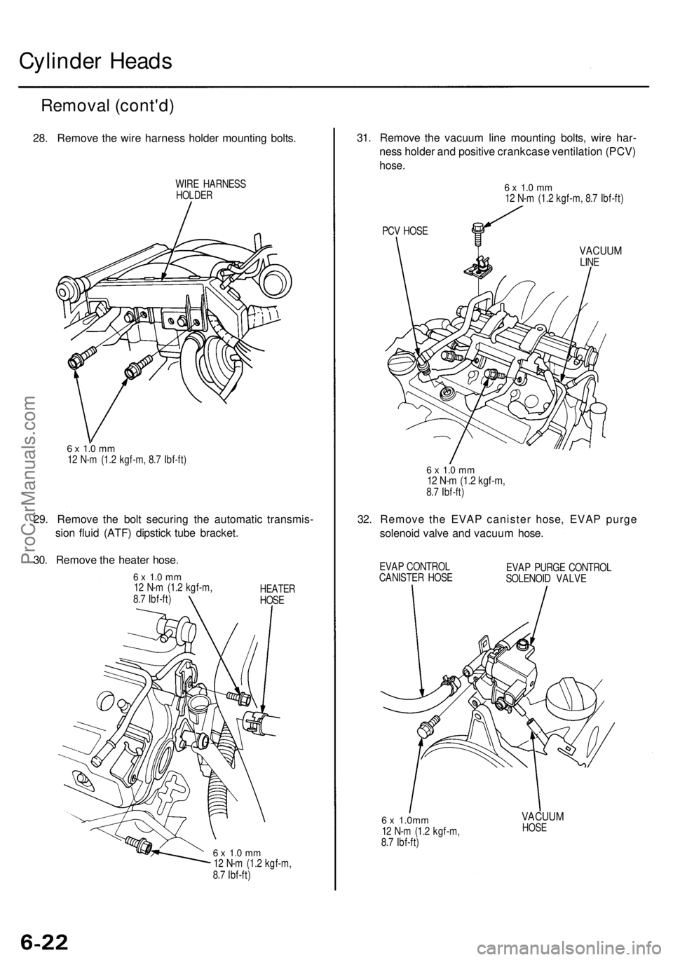 ACURA RL KA9 1996  Service Repair Manual Cylinder Head s
Remova l (cont'd )
28. Remov e th e wir e harnes s holde r mountin g bolts .
WIRE HARNES SHOLDER
6 x  1. 0 m m12  N- m (1. 2 kgf-m , 8. 7 Ibf-ft )
29. Remov e th e bol t securin g 