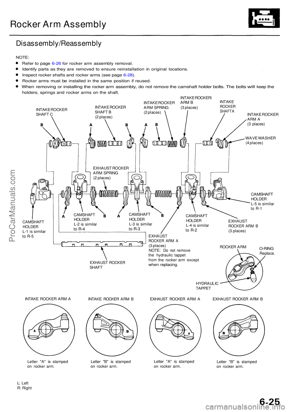 ACURA RL KA9 1996  Service Repair Manual Rocker Ar m Assembl y
Disassembly/Reassembl y
NOTE:
Refer t o  pag e 6-2 6 fo r rocke r ar m assembl y removal .
Identif y part s a s the y ar e remove d t o ensur e reinstallatio n i n origina l loca