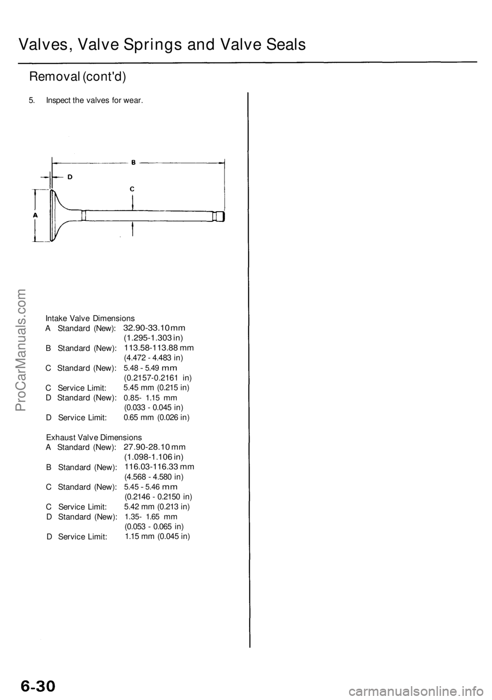 ACURA RL KA9 1996  Service Repair Manual Valves, Valve Springs and Valve Seal s
Remova l (cont'd )
5. Inspec t th e valve s fo r wear .
Intak e Valv e Dimension s
A  Standar d (New) :
B  Standar d (New) :
C  Standar d (New) :
C  Servic e