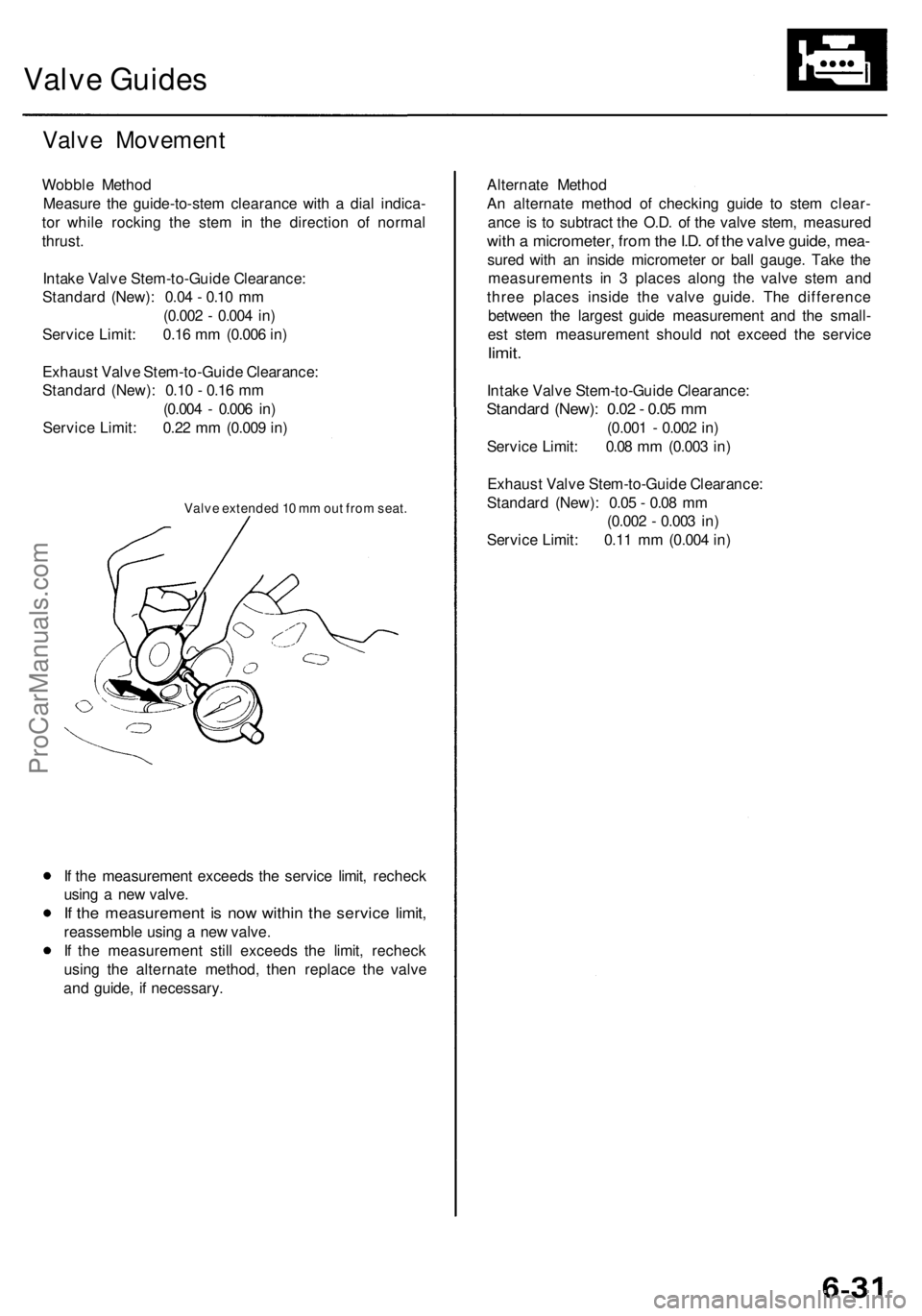 ACURA RL KA9 1996  Service Repair Manual 
Valve Guides

Valve Movement

Wobble Method

Measure the guide-to-stem clearance with a dial indica-

tor while rocking the stem in the direction of normal

thrust.

Intake Valve Stem-to-Guide Cleara