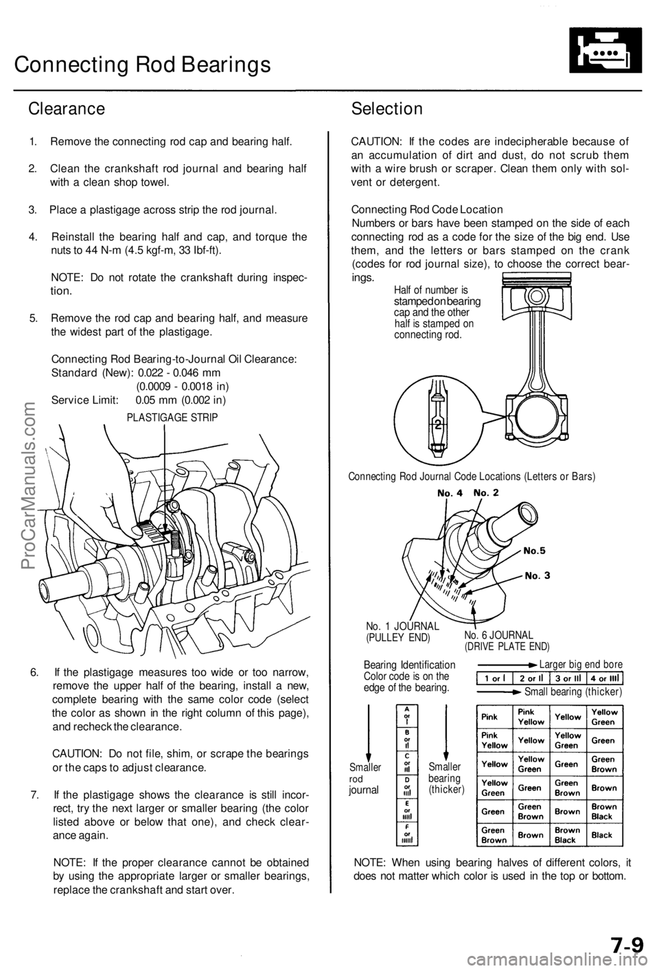 ACURA RL KA9 1996  Service Repair Manual 6. I f th e plastigag e measure s to o wid e o r to o narrow ,
remov e th e uppe r hal f o f th e bearing , instal l a  new ,
complet e bearin g wit h th e sam e colo r cod e (selec t
th e colo r a s 