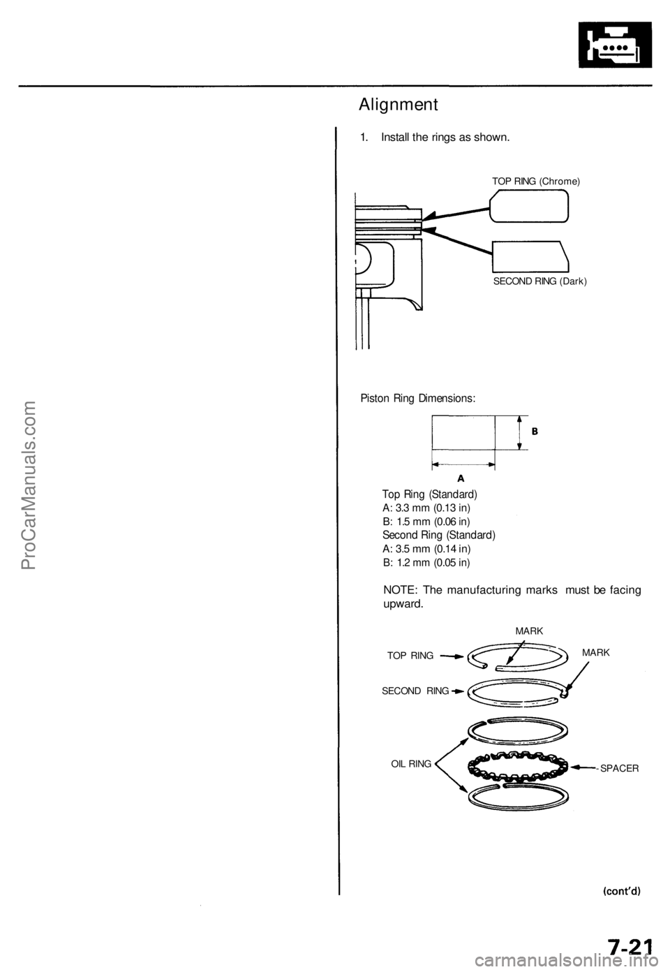 ACURA RL KA9 1996  Service Repair Manual 
Alignment

1. Install the rings as shown.

TOP RING (Chrome)

SECOND RING (Dark)

Piston Ring Dimensions:

Top Ring (Standard)

A: 3.3 mm
 (0.13
 in)

B: 1.5 mm
 (0.06
 in)

Second Ring (Standard)

A