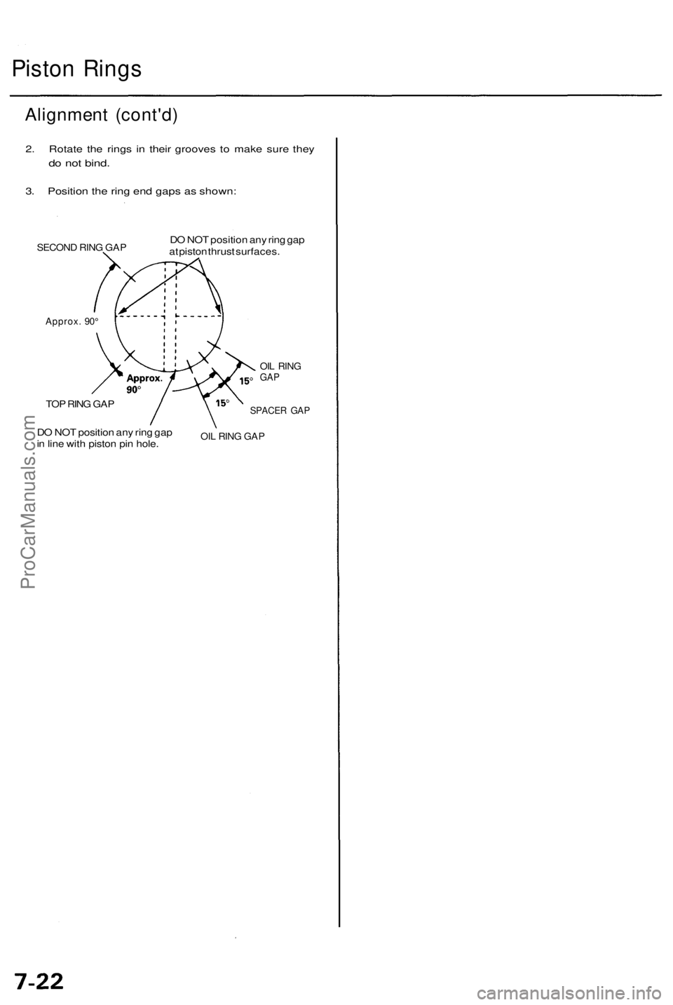 ACURA RL KA9 1996  Service Repair Manual Piston Ring s
Alignmen t (cont'd )
2. Rotat e th e ring s i n thei r groove s t o mak e sur e the y
do  no t bind .
3. Positio n th e rin g en d gap s a s shown :
SECON D RIN G GA PDO  NO T positi
