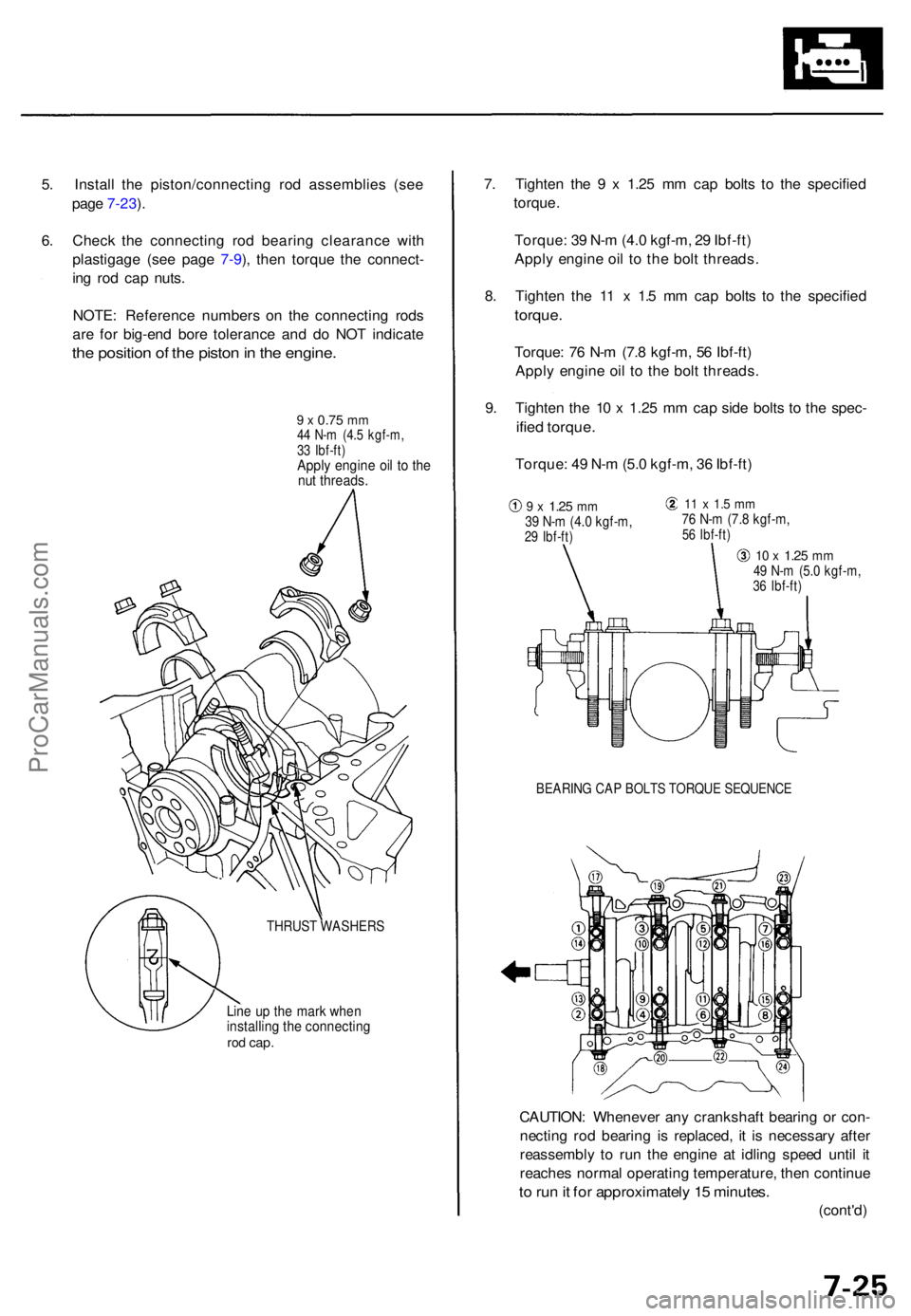 ACURA RL KA9 1996  Service Repair Manual Line u p th e mar k whe ninstallin g th e connectin grod cap .
THRUS T WASHER S
5. Instal l th e piston/connectin g ro d assemblie s (se e
pag e 7-23 ).
6 . Chec k th e connectin g ro d bearin g clear