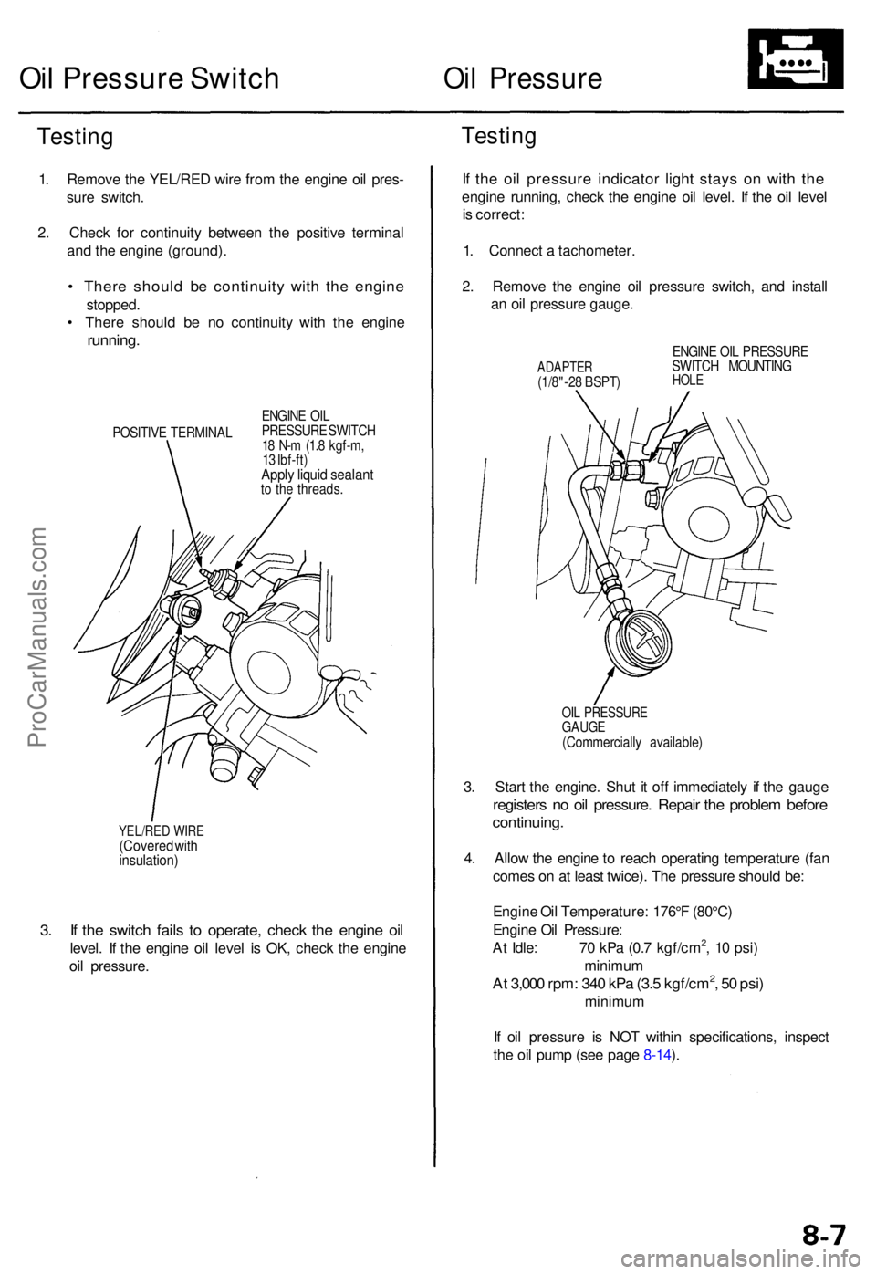 ACURA RL KA9 1996  Service Repair Manual 3. I f th e switc h fail s t o operate , chec k th e engin e oi l
level . I f th e engin e oi l leve l i s OK , chec k th e engin e
oi l pressure .
YEL/RED WIR E(Covere d wit hinsulation )
Testing
1. 