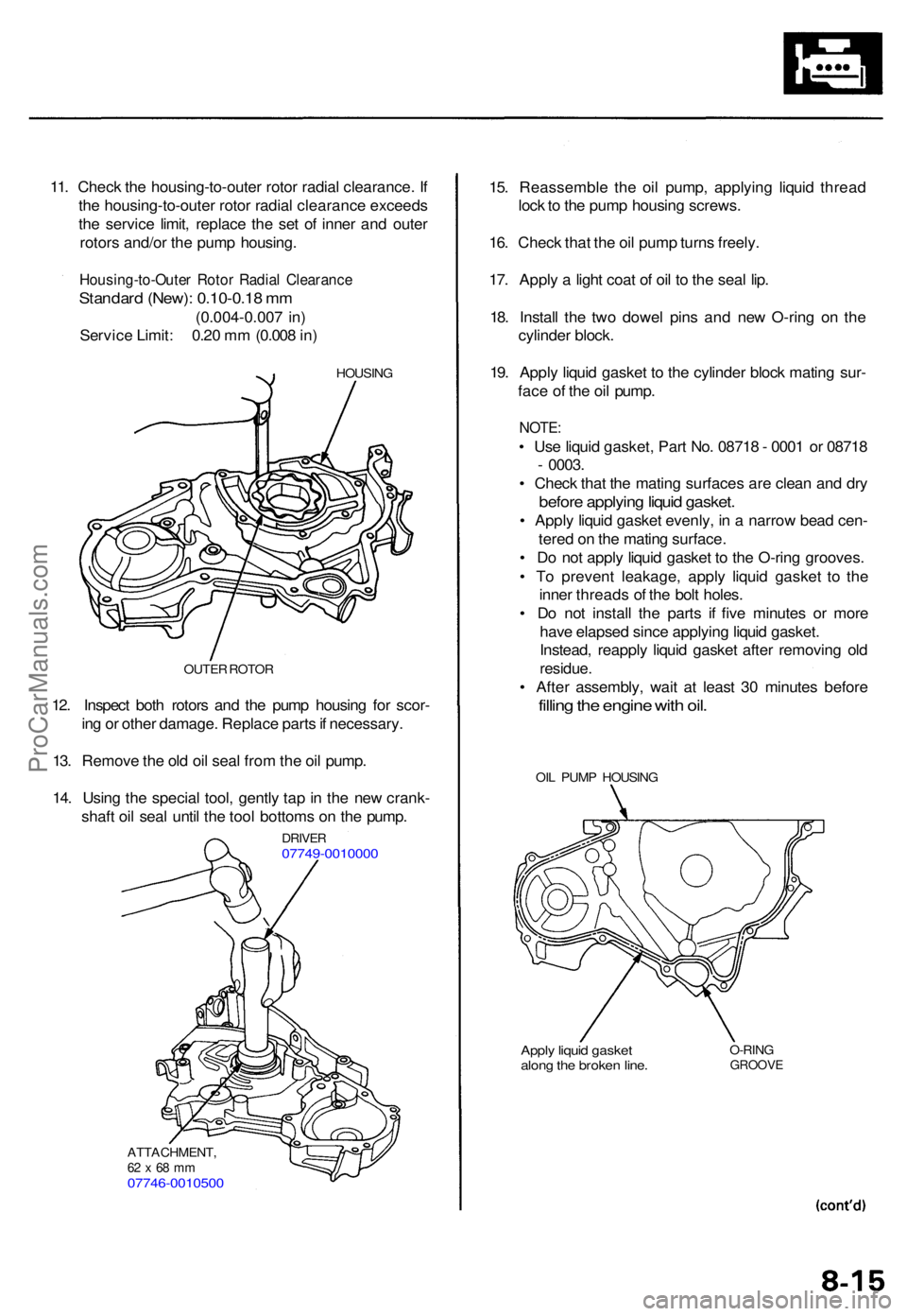 ACURA RL KA9 1996  Service Repair Manual 11. Chec k th e housing-to-oute r roto r radia l clearance . I f
th e housing-to-oute r roto r radia l clearanc e exceed s
th e servic e limit , replac e th e se t o f inne r an d oute r
rotor s and/o