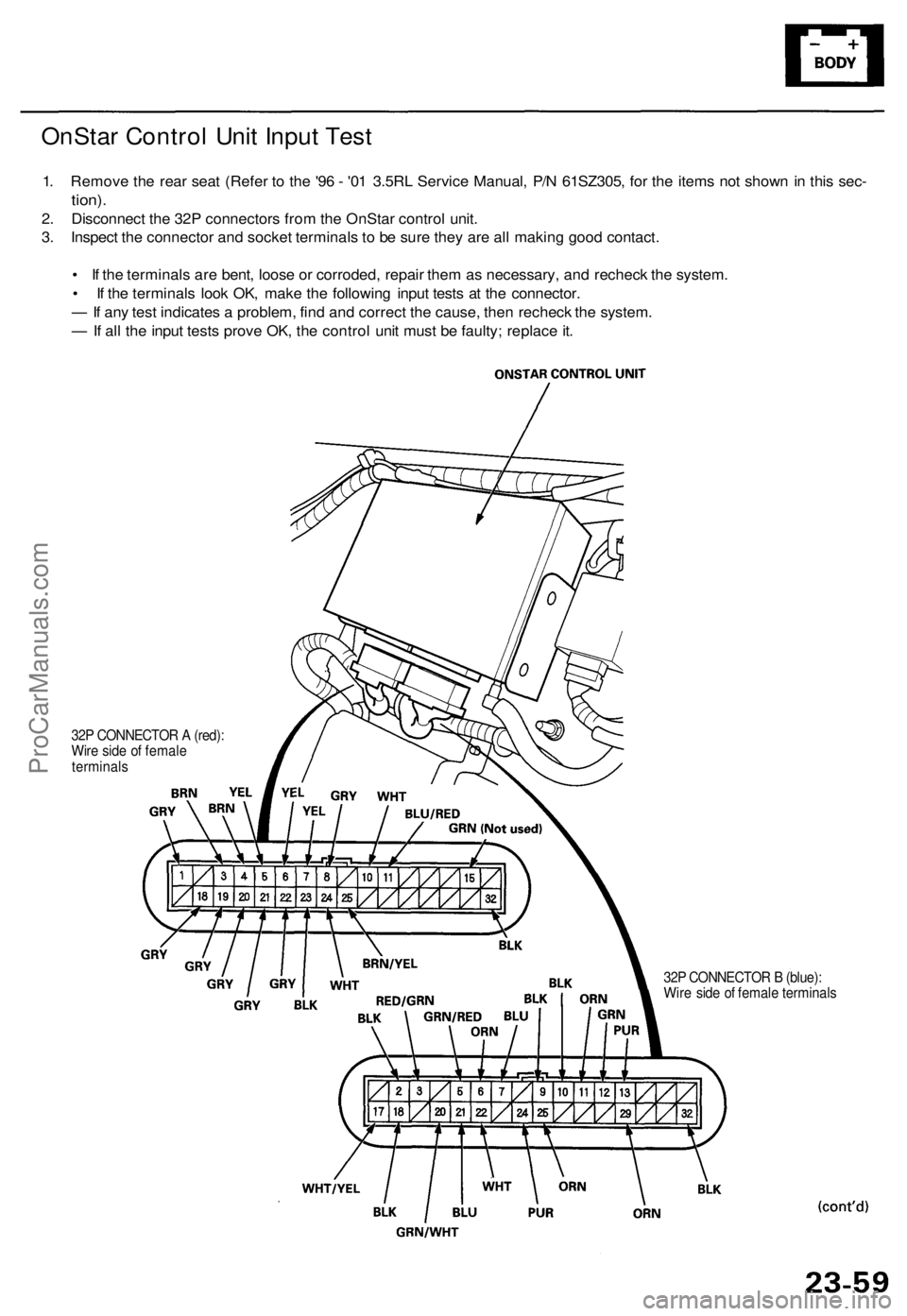 ACURA RL KA9 1996 Service Service Manual
OnStar Control Unit Input Test
1. Remove the rear seat (Refer to the '96 - '01 3.5RL Service Manual, P/N 61SZ305, for the items not shown in this sec-
tion).
2. Disconnect the 32P connecto ACURA RL KA9 1996 Service Service Manual
OnStar Control Unit Input Test
1. Remove the rear seat (Refer to the '96 - '01 3.5RL Service Manual, P/N 61SZ305, for the items not shown in this sec-
tion).
2. Disconnect the 32P connecto