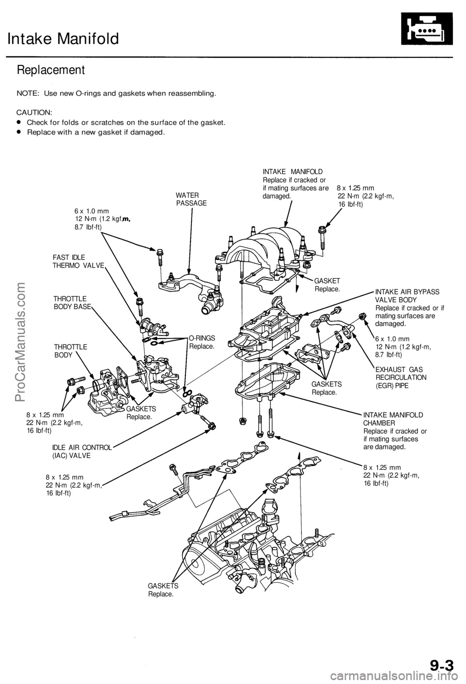 ACURA RL KA9 1996  Service Repair Manual 
Intake Manifold

Replacement

NOTE: Use new O-rings and gaskets when reassembling.

CAUTION:

Check for folds or scratches on the surface of the gasket.

Replace with a new gasket if damaged.

WATER

