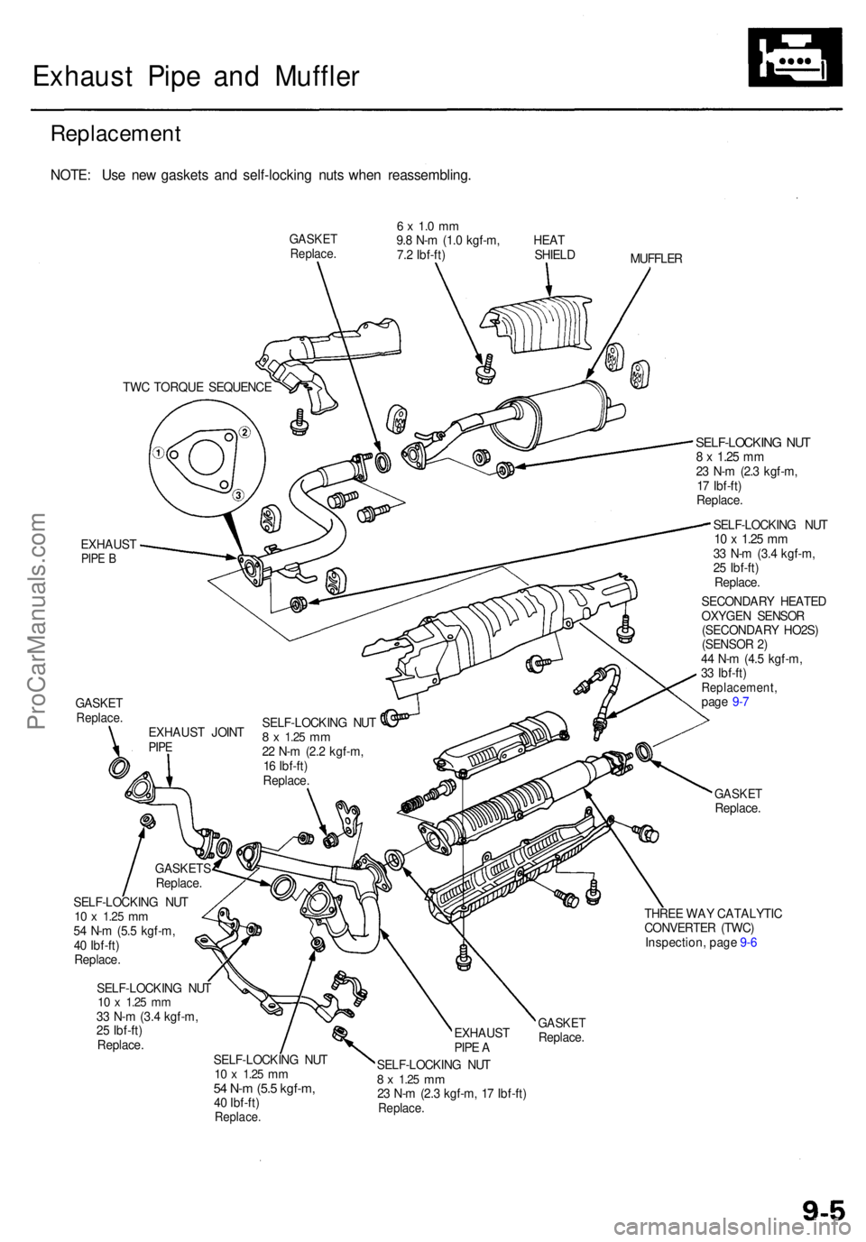 ACURA RL KA9 1996  Service Repair Manual Exhaust Pip e an d Muffle r
Replacemen t
NOTE: Us e ne w gasket s an d self-lockin g nut s whe n reassembling .
GASKETReplace .
6 x  1. 0 m m9.8 N- m (1. 0 kgf-m , HEA T
7. 2 Ibf-ft ) SHIEL D
MUFFLER
