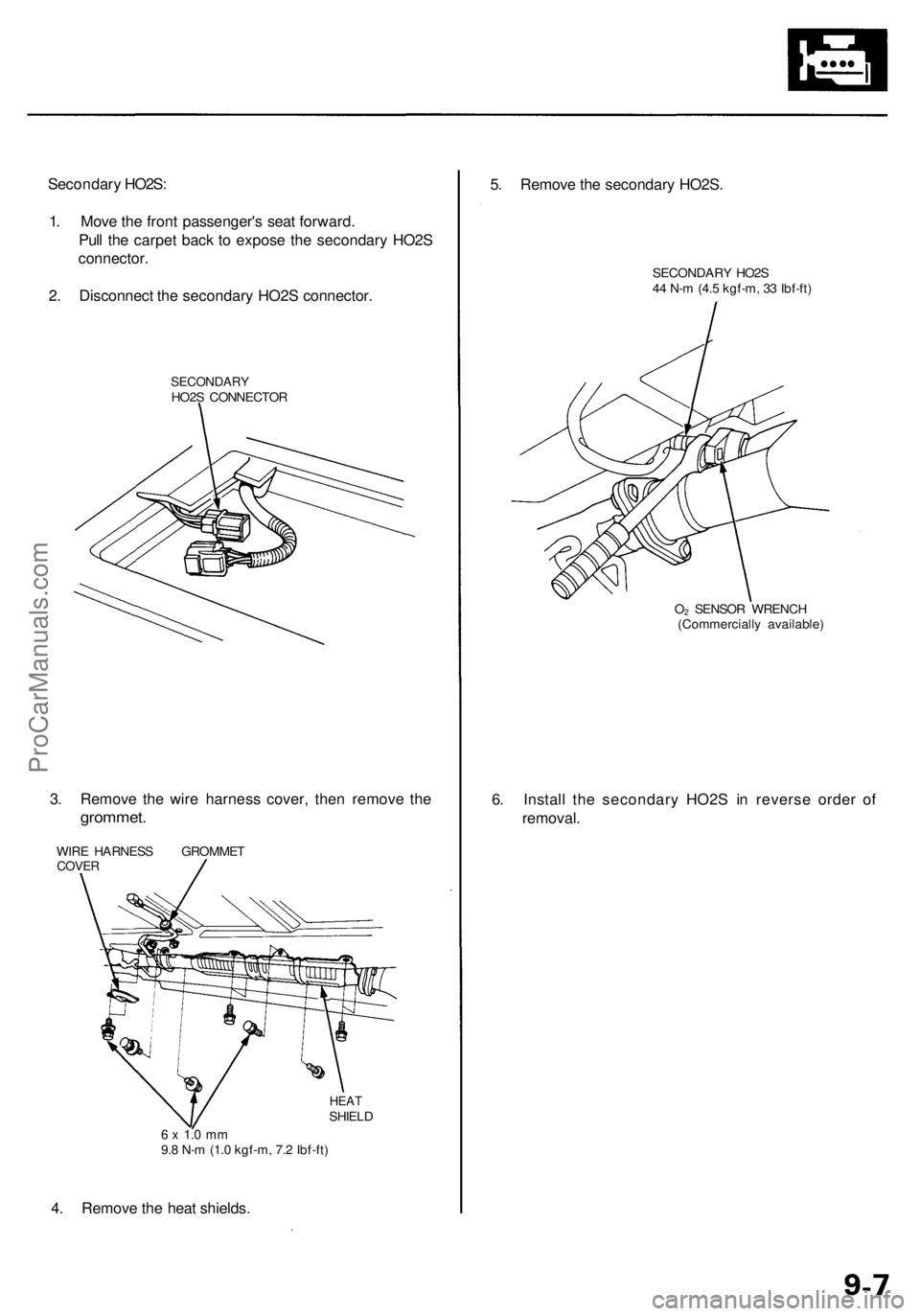 ACURA RL KA9 1996  Service Repair Manual Secondary HO2S :
1 . Mov e th e fron t passenger' s sea t forward .
Pul l th e carpe t bac k t o expos e th e secondar y HO2 S
connector .
2 . Disconnec t th e secondar y HO2 S connector .
SECONDA
