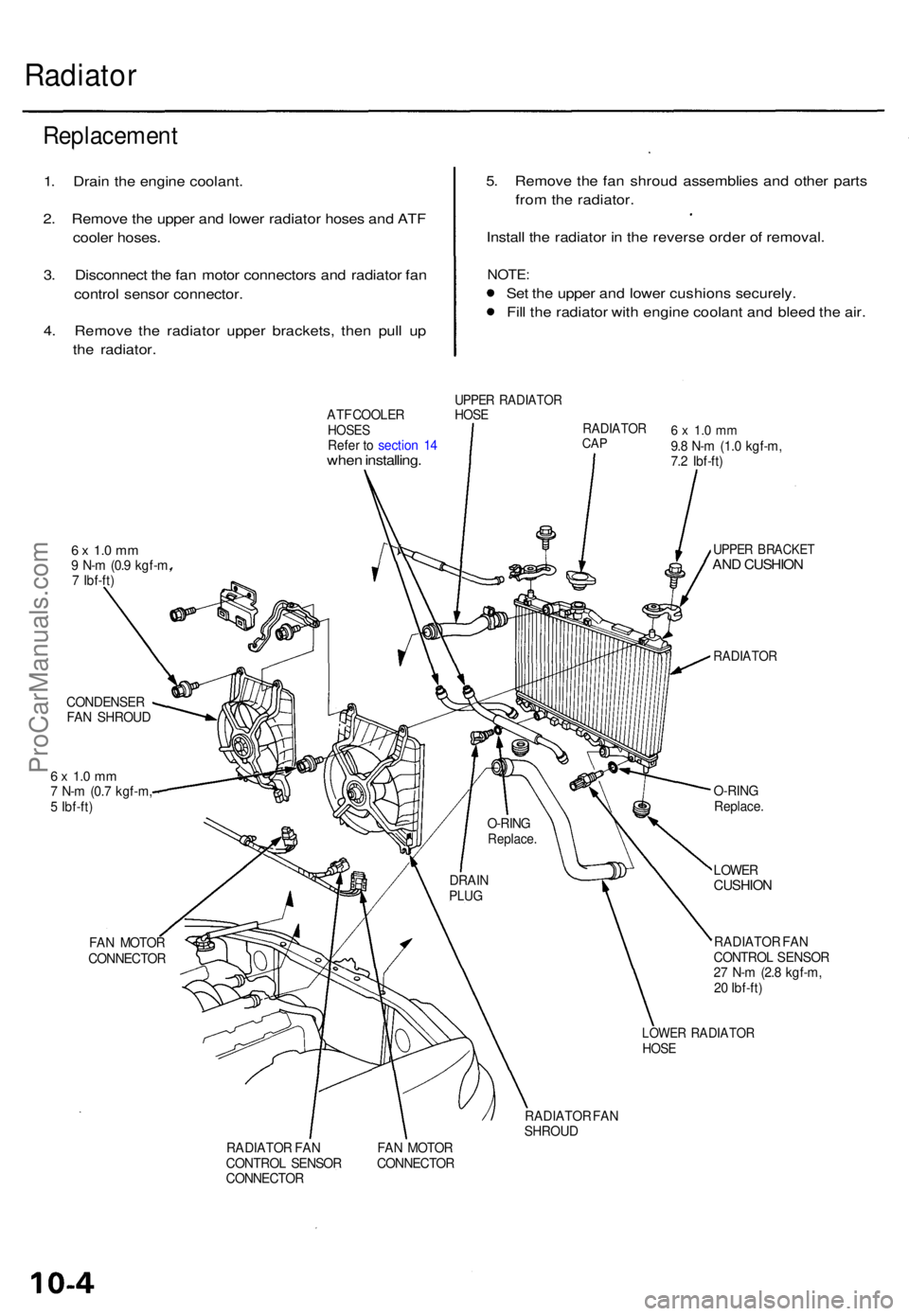 ACURA RL KA9 1996  Service Repair Manual Radiator
Replacemen t
1. Drai n th e engin e coolant .
2 . Remov e th e uppe r an d lowe r radiato r hose s an d AT F
coole r hoses .
3 . Disconnec t th e fa n moto r connector s an d radiato r fa n
c