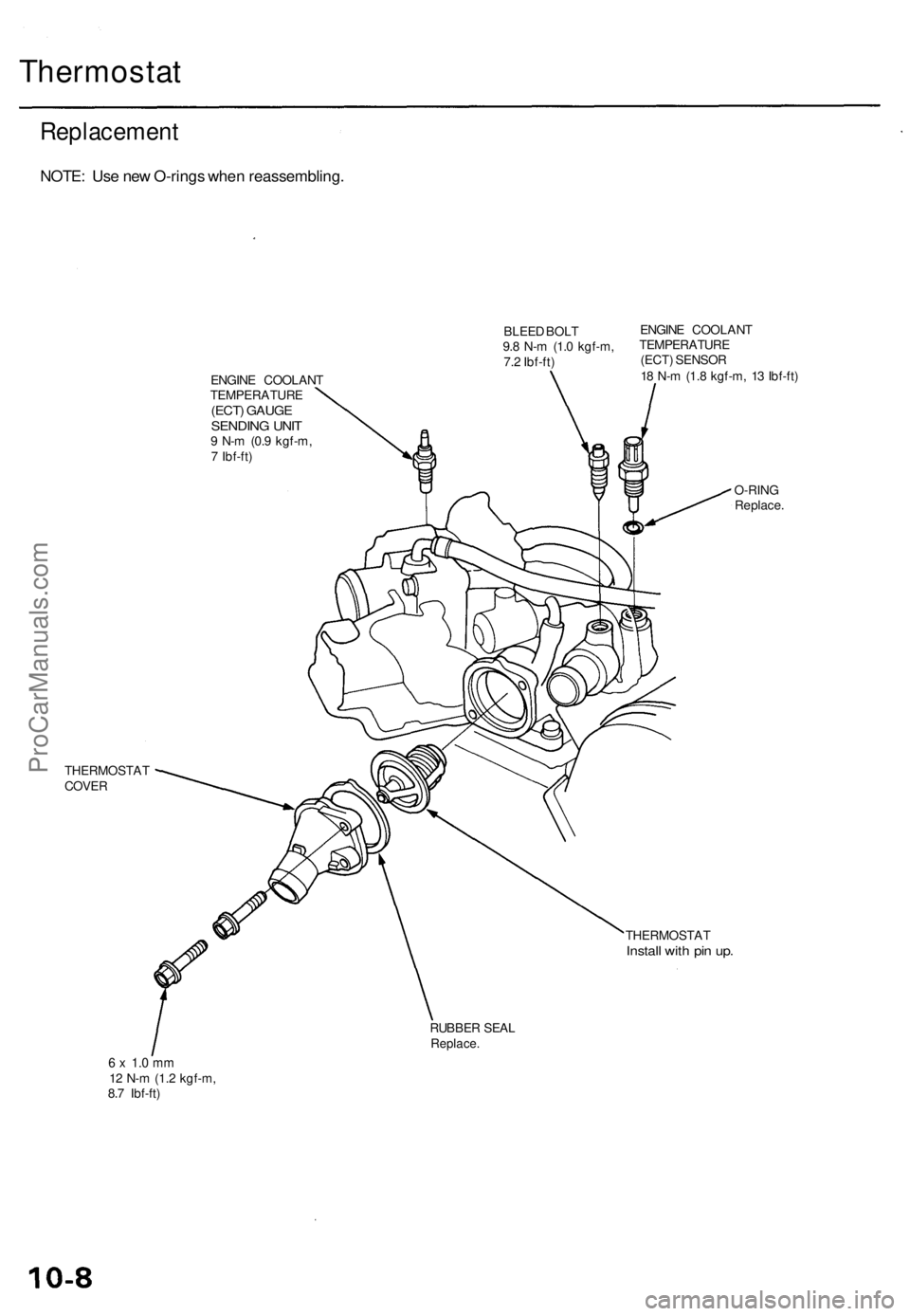ACURA RL KA9 1996  Service Repair Manual 
Thermostat

Replacement

NOTE: Use new O-rings when reassembling.

BLEED BOLT

9.8 N-m (1.0 kgf-m,

7.2 Ibf-ft)

ENGINE COOLANT

TEMPERATURE

(ECT) GAUGE

SENDING UNIT

9 N-m (0.9 kgf-m,

7 Ibf-ft) 
