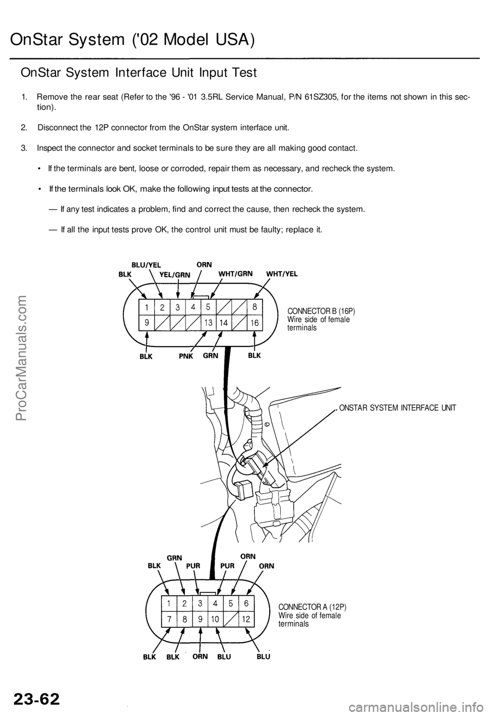 ACURA RL KA9 1996 Service Workshop Manual OnStar Syste m ('0 2 Mode l USA )
OnSta r Syste m Interfac e Uni t Inpu t Tes t
1. Remov e th e rea r sea t (Refe r t o th e '9 6 - '0 1 3.5R L Servic e Manual , P/ N 61SZ305 , fo r th e ACURA RL KA9 1996 Service Workshop Manual OnStar Syste m ('0 2 Mode l USA )
OnSta r Syste m Interfac e Uni t Inpu t Tes t
1. Remov e th e rea r sea t (Refe r t o th e '9 6 - '0 1 3.5R L Servic e Manual , P/ N 61SZ305 , fo r th e