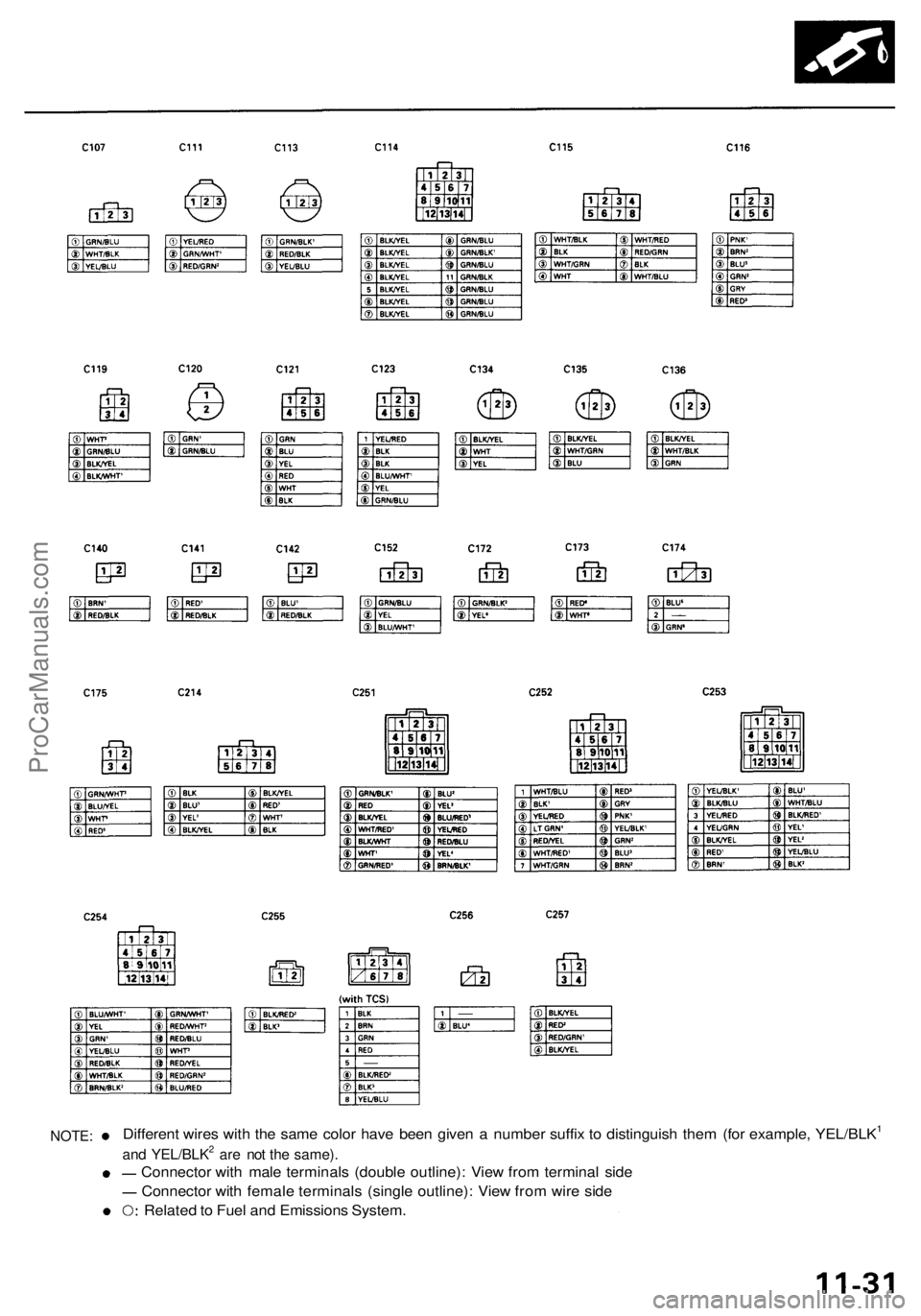 ACURA RL KA9 1996  Service Repair Manual 
NOTE: 
Different wires with the same color have been given a number suffix to distinguish them (for example, YEL/BLK1

and YEL/BLK2 are not the same).

Connector with male terminals (double outline):