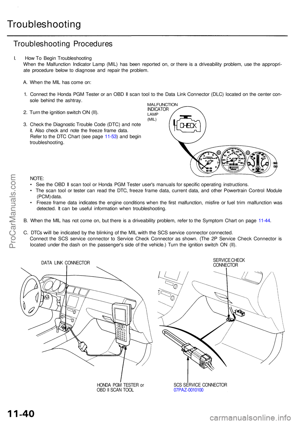 ACURA RL KA9 1996  Service Repair Manual Troubleshooting
Troubleshooting Procedure s
I.  Ho w T o Begi n Troubleshootin g
Whe n th e Malfunctio n Indicato r Lam p (MIL ) ha s bee n reporte d on , o r ther e i s a  driveabilit y problem , us 