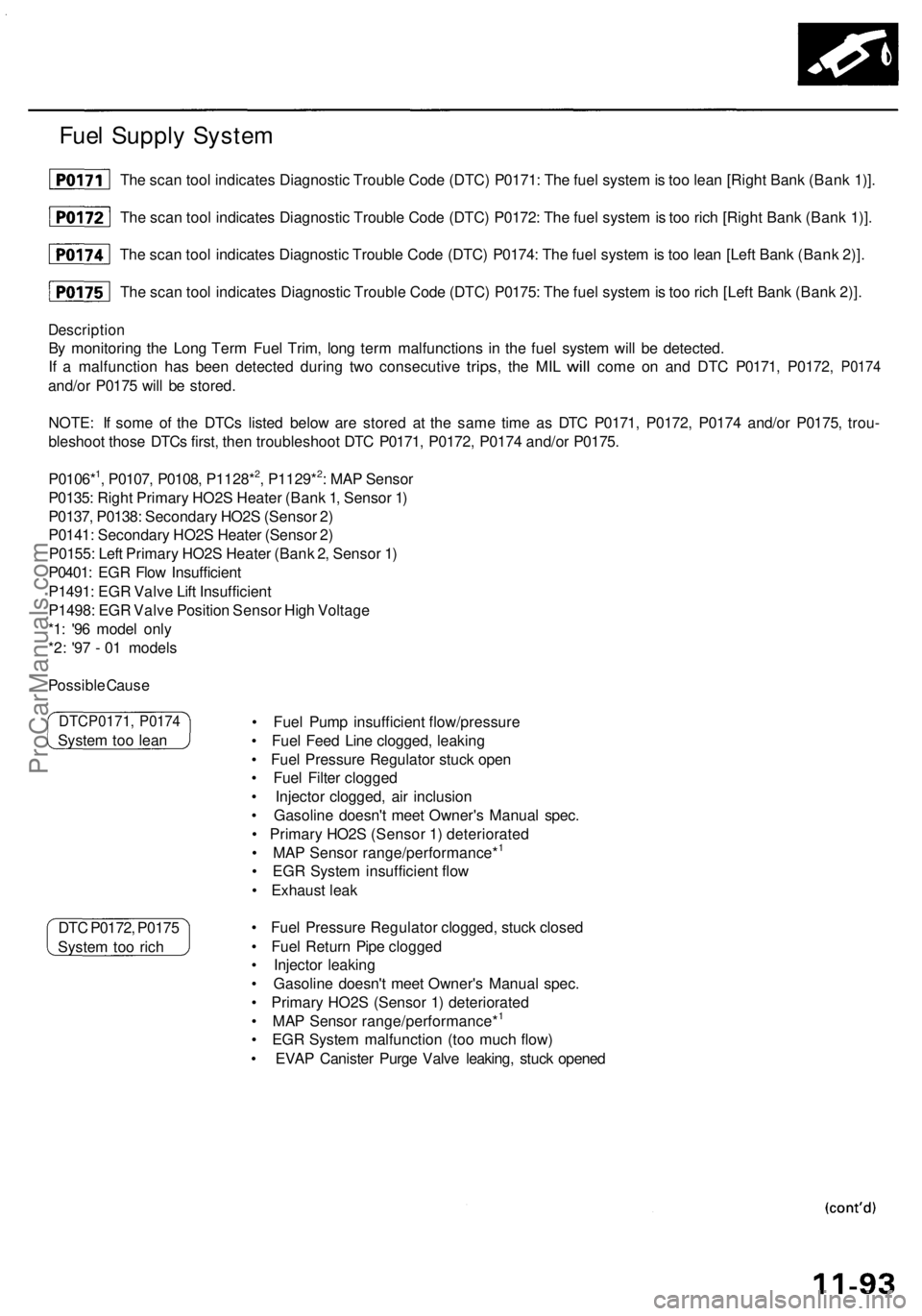 ACURA RL KA9 1996 Service Repair Manual
Fuel Supply System
Description
By monitoring the Long Term Fuel Trim, long term malfunctions in the fuel system will be detected.
If a
malfunction
has
been detected during
two
consecutive
tr ACURA RL KA9 1996 Service Repair Manual
Fuel Supply System
Description
By monitoring the Long Term Fuel Trim, long term malfunctions in the fuel system will be detected.
If a
malfunction
has
been detected during
two
consecutive
tr