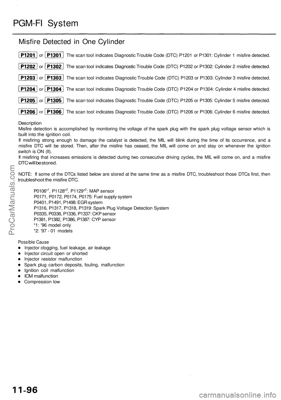 ACURA RL KA9 1996 Service Repair Manual
PGM-FI System
Misfire Detected in One Cylinder
The scan tool indicates Diagnostic Trouble Code (DTC) P1203 or P1303: Cylinder 3 misfire detected.
The scan tool indicates Diagnostic Trouble Code (D ACURA RL KA9 1996 Service Repair Manual
PGM-FI System
Misfire Detected in One Cylinder
The scan tool indicates Diagnostic Trouble Code (DTC) P1203 or P1303: Cylinder 3 misfire detected.
The scan tool indicates Diagnostic Trouble Code (D
