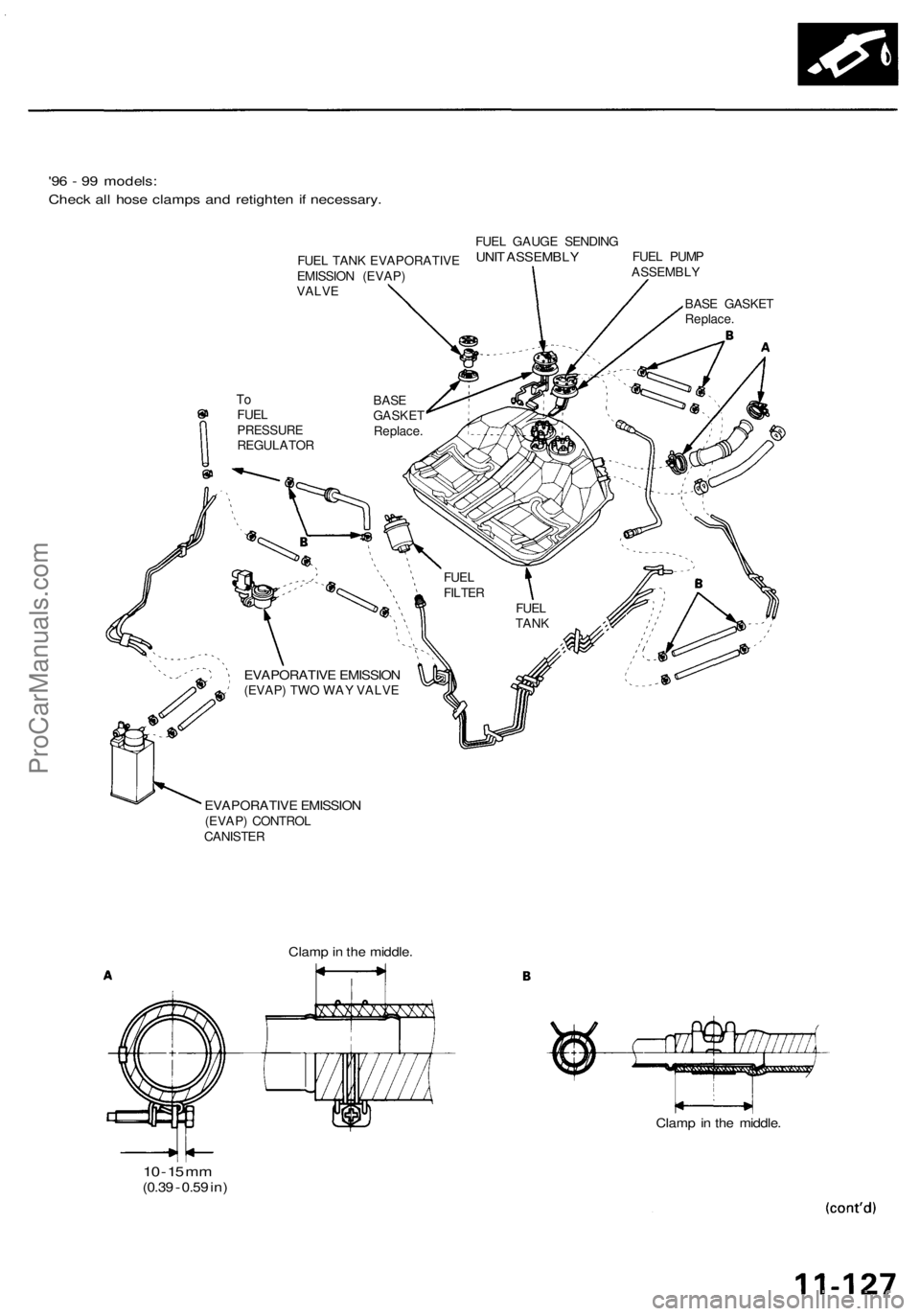 ACURA RL KA9 1996 Service User Guide
'96 - 99 models:
Check all hose clamps and retighten if necessary.
EVAPORATIVE EMISSION
(EVAP) TWO WAY VALVE
EVAPORATIVE EMISSION
(EVAP) CONTROL
CANISTER
10 -
15
mm
(0.39
-
0.59
in) ACURA RL KA9 1996 Service User Guide
'96 - 99 models:
Check all hose clamps and retighten if necessary.
EVAPORATIVE EMISSION
(EVAP) TWO WAY VALVE
EVAPORATIVE EMISSION
(EVAP) CONTROL
CANISTER
10 -
15
mm
(0.39
-
0.59
in)