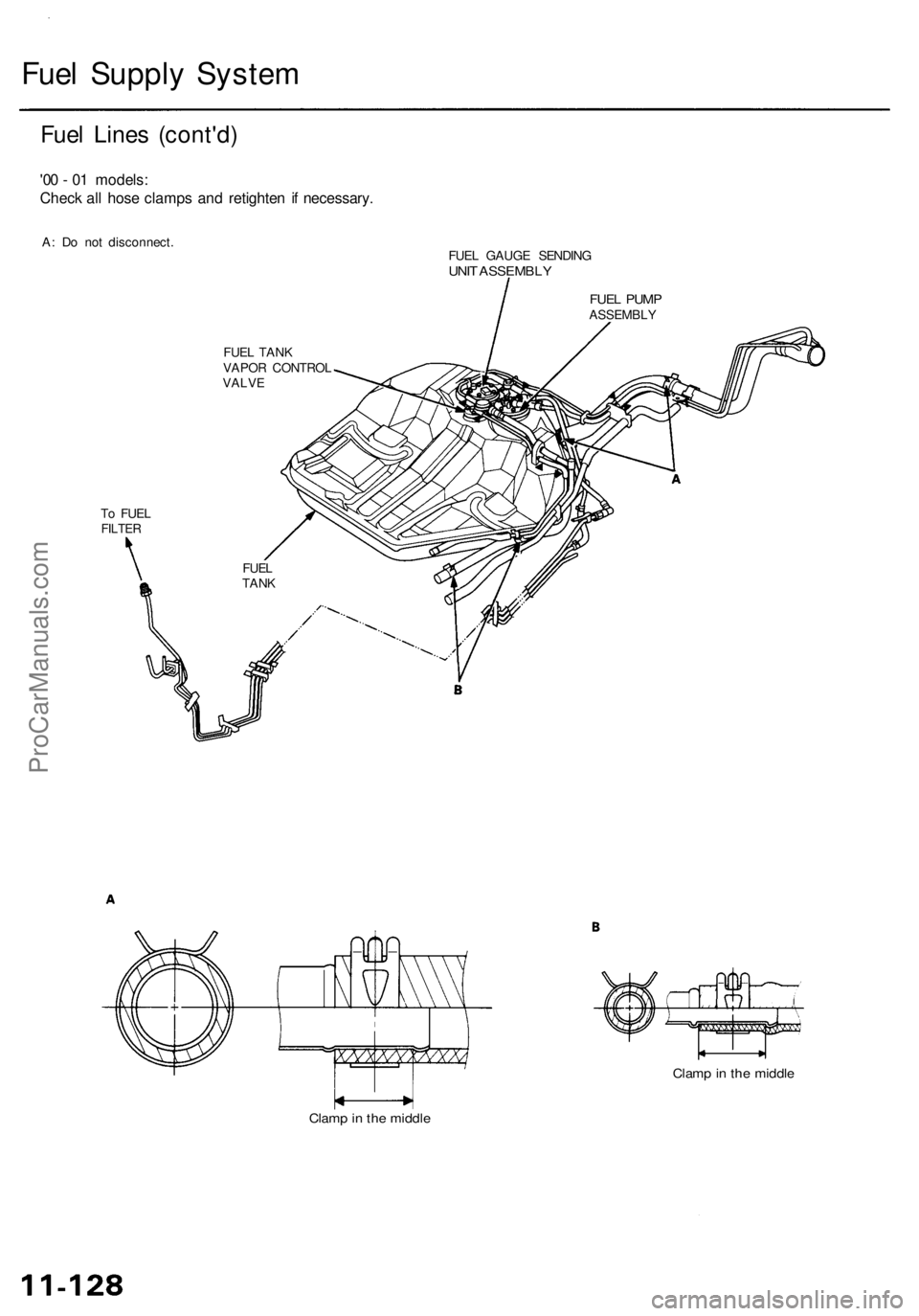 ACURA RL KA9 1996 Service User Guide
Fuel Supply System
Fuel Lines (cont'd)
'00 - 01 models:
Check all hose clamps and retighten if necessary.
A: Do not disconnect.
To FUEL
FILTER
FUEL TANK
VAPOR CONTROL
VALVE
FUEL GAU ACURA RL KA9 1996 Service User Guide
Fuel Supply System
Fuel Lines (cont'd)
'00 - 01 models:
Check all hose clamps and retighten if necessary.
A: Do not disconnect.
To FUEL
FILTER
FUEL TANK
VAPOR CONTROL
VALVE
FUEL GAU