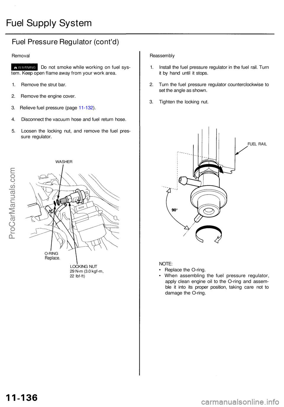ACURA RL KA9 1996 Service Repair Manual Fuel Suppl y Syste m
Fuel Pressur e Regulato r (cont'd )
Remova l
Do no t smok e whil e workin g o n fue l sys -
tem . Kee p ope n flam e awa y fro m you r wor k area .
1 . Remov e th e stru t bar ACURA RL KA9 1996 Service Repair Manual Fuel Suppl y Syste m
Fuel Pressur e Regulato r (cont'd )
Remova l
Do no t smok e whil e workin g o n fue l sys -
tem . Kee p ope n flam e awa y fro m you r wor k area .
1 . Remov e th e stru t bar