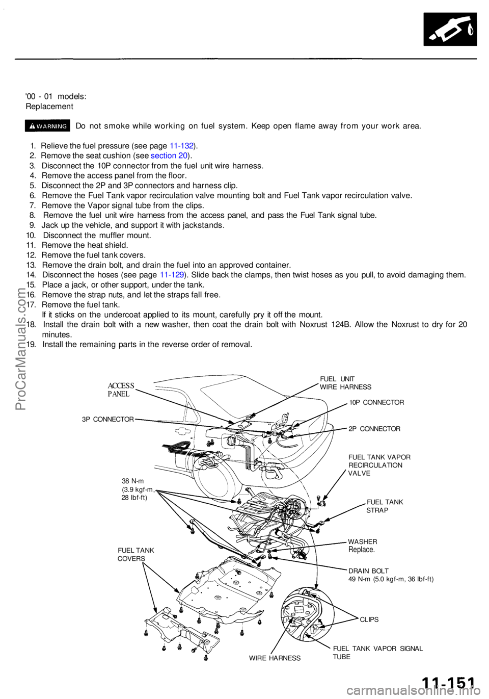 ACURA RL KA9 1996 Service Repair Manual '00 - 0 1 models :
Replacemen t
D o no t smok e whil e workin g o n fue l system . Kee p ope n flam e awa y fro m you r wor k area .
1 . Reliev e th e fue l pressur e (se e pag e 11-132 ).
2 . Re ACURA RL KA9 1996 Service Repair Manual '00 - 0 1 models :
Replacemen t
D o no t smok e whil e workin g o n fue l system . Kee p ope n flam e awa y fro m you r wor k area .
1 . Reliev e th e fue l pressur e (se e pag e 11-132 ).
2 . Re