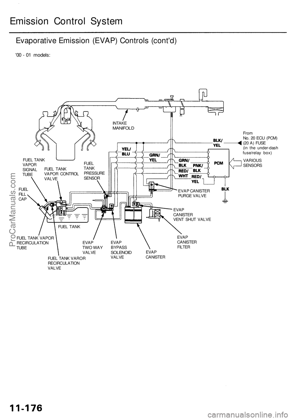ACURA RL KA9 1996 Service User Guide
Emission Control System
Evaporative Emission (EVAP) Controls (cont'd)
'00 - 01 models:
From
No. 20 ECU
(PCM)
(20 A) FUSE
(in the under-dash
fuse/relay box)
FUEL TANK VAPOR
RECIRCULA ACURA RL KA9 1996 Service User Guide
Emission Control System
Evaporative Emission (EVAP) Controls (cont'd)
'00 - 01 models:
From
No. 20 ECU
(PCM)
(20 A) FUSE
(in the under-dash
fuse/relay box)
FUEL TANK VAPOR
RECIRCULA