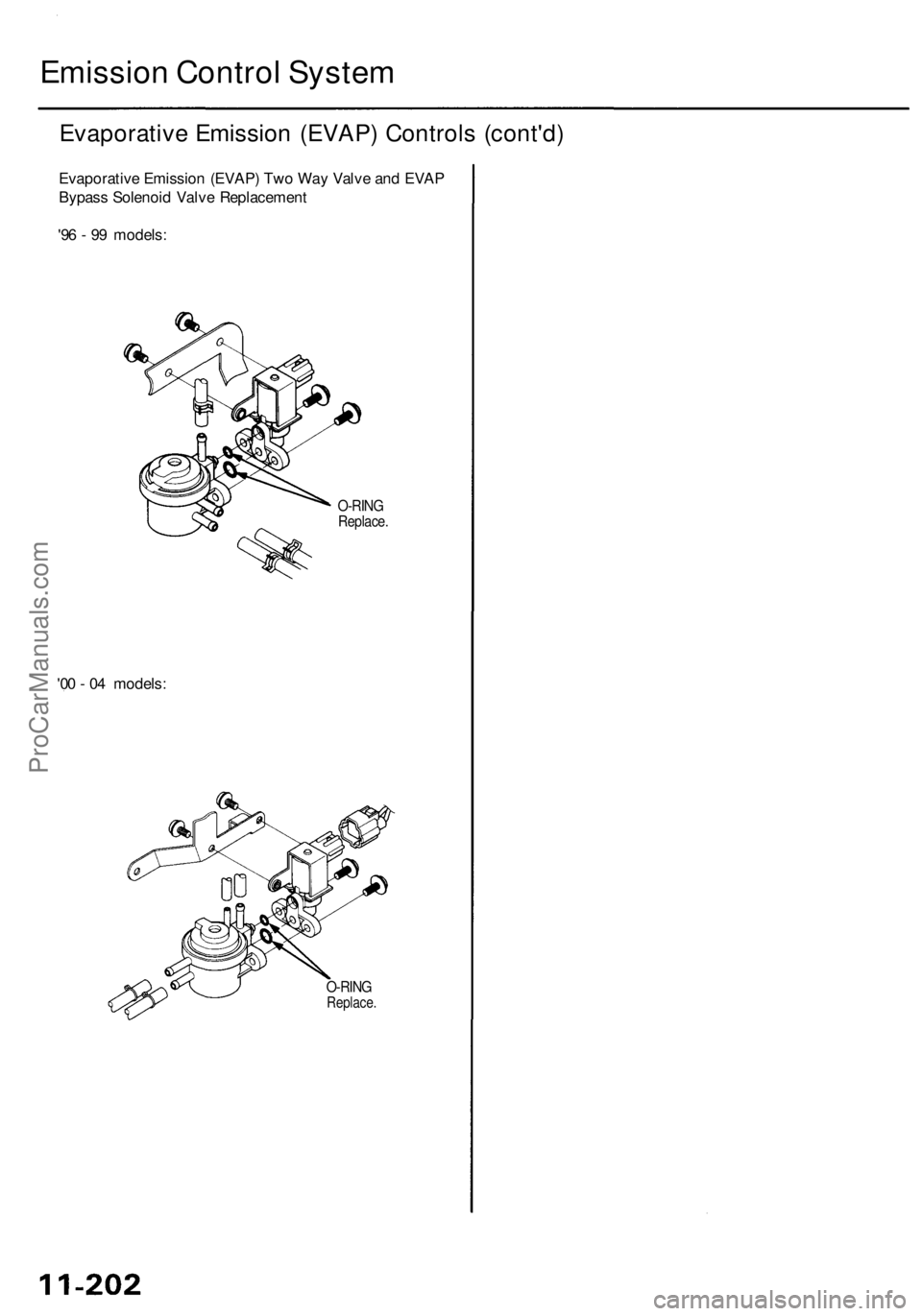 ACURA RL KA9 1996  Service Repair Manual Emission Contro l Syste m
Evaporativ e Emissio n (EVAP ) Control s (cont'd )
Evaporativ e Emissio n (EVAP ) Tw o Wa y Valv e an d EVA P
Bypas s Solenoi d Valv e Replacemen t
'9 6 -  9 9 models