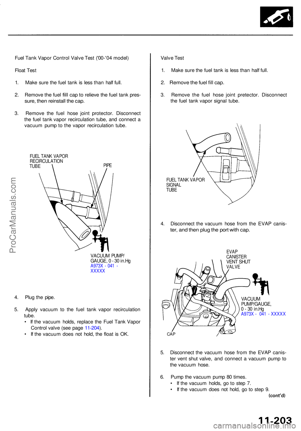 ACURA RL KA9 1996  Service Repair Manual Fuel Tan k Vapo r Contro l Valv e Tes t ('0 0-'04  model )
Floa t Tes t
1 . Mak e sur e th e fue l tan k i s les s tha n hal f full .
2. Remov e the fue l fill ca p to reliev e the fue l tan k