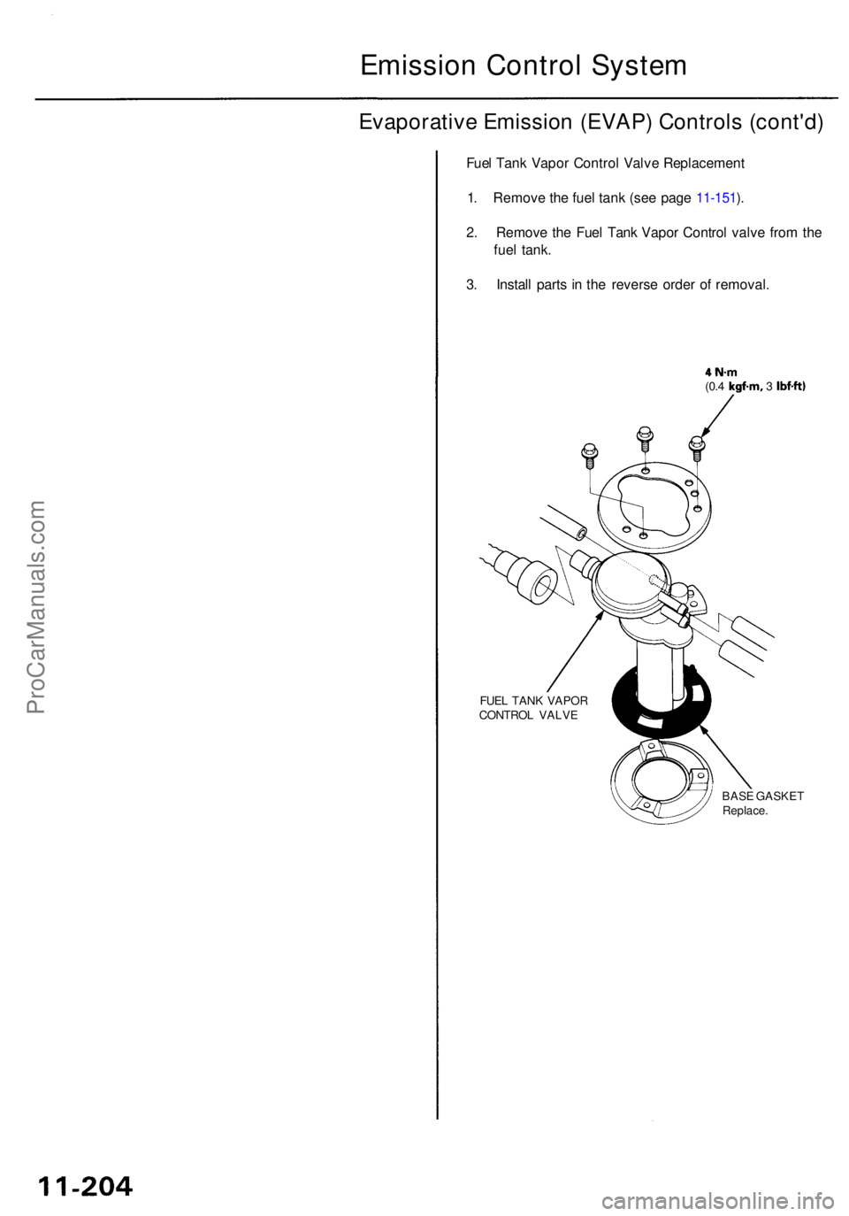 ACURA RL KA9 1996  Service Repair Manual Emission Contro l Syste m
Evaporativ e Emissio n (EVAP ) Control s (cont'd )
Fuel Tan k Vapo r Contro l Valv e Replacemen t
1 . Remov e th e fue l tan k (se e pag e
 11-151 ).
2 . Remov e th e Fue
