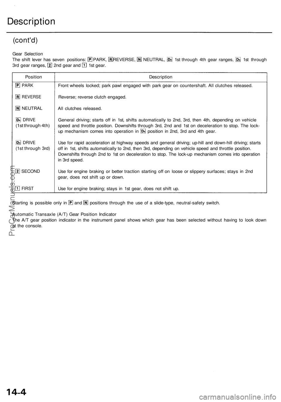 ACURA RL KA9 1996  Service Repair Manual Description
(cont'd)
Gear Selectio n
The shif t leve r ha s seve n positions : PARK ,  REVERSE , NEUTRAL , 1s t throug h 4t h gea r ranges , 1s t throug h
3rd gea r ranges , 2n d gea r an d 1s t g