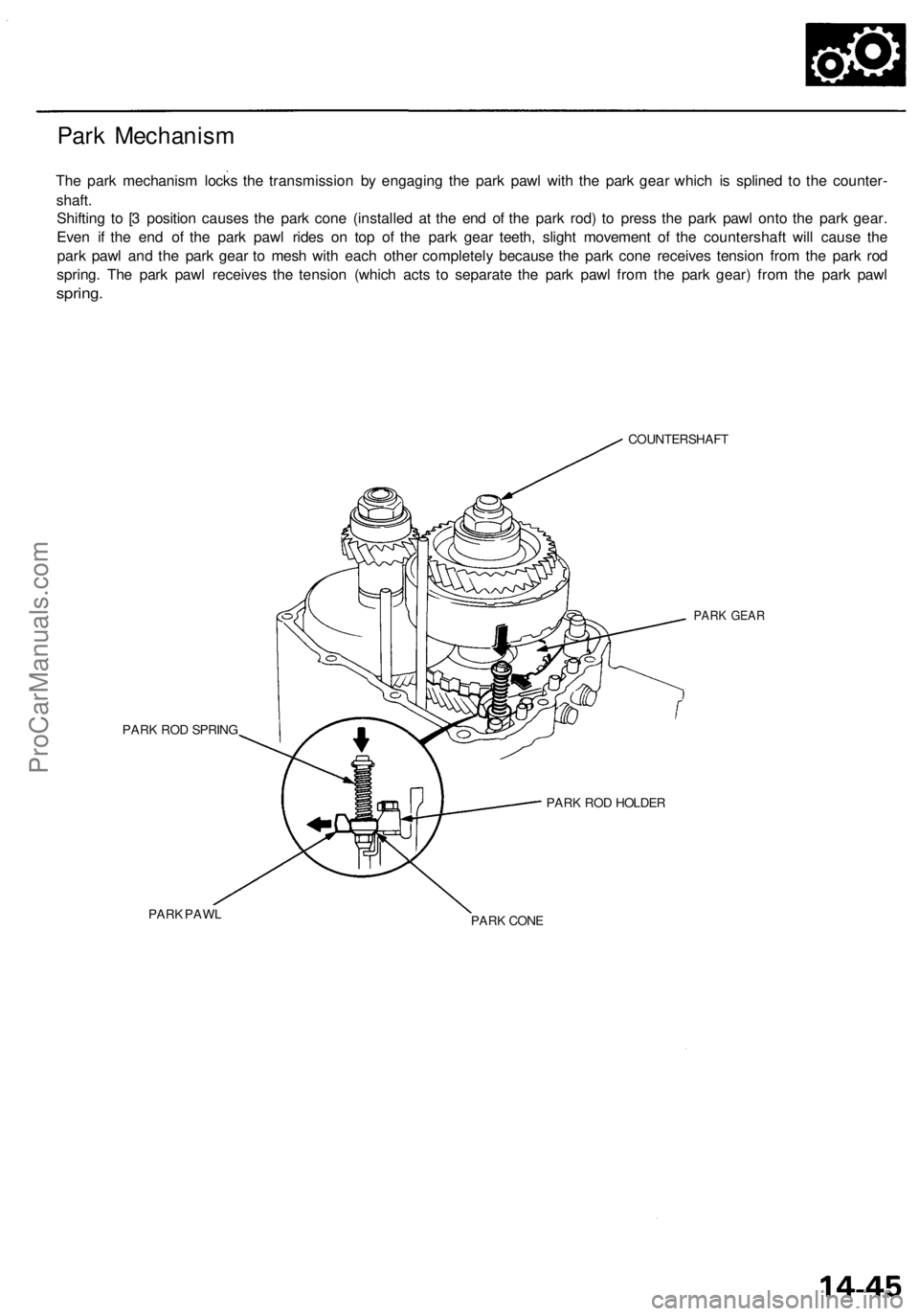ACURA RL KA9 1996  Service Repair Manual 
Park Mechanism

The park mechanism locks the transmission by engaging the park pawl with the park gear which is splined to the counter-

shaft.

Shifting to [3 position causes the park cone (installe