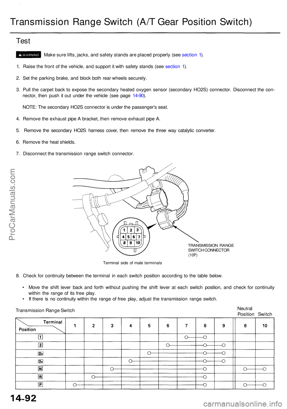 ACURA RL KA9 1996 Service Repair Manual Transmission Rang e Switc h (A/ T Gea r Positio n Switch )
Test
Mak e sur e lifts , jacks , an d safet y stand s ar e place d properl y (se e sectio n 1 ).
1 . Rais e th e fron t o f th e vehicle , an ACURA RL KA9 1996 Service Repair Manual Transmission Rang e Switc h (A/ T Gea r Positio n Switch )
Test
Mak e sur e lifts , jacks , an d safet y stand s ar e place d properl y (se e sectio n 1 ).
1 . Rais e th e fron t o f th e vehicle , an